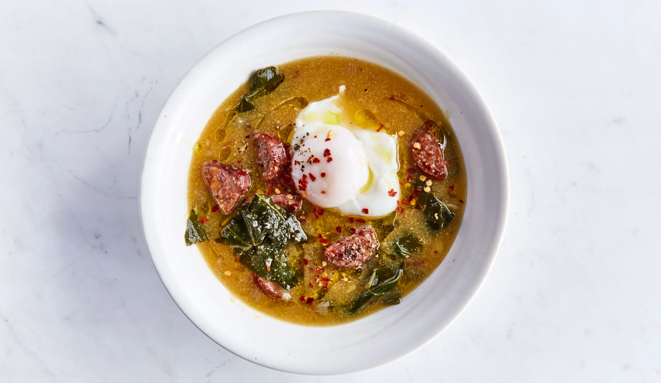 Andouille Collard Greens Soup with Cornmeal Dumplings
