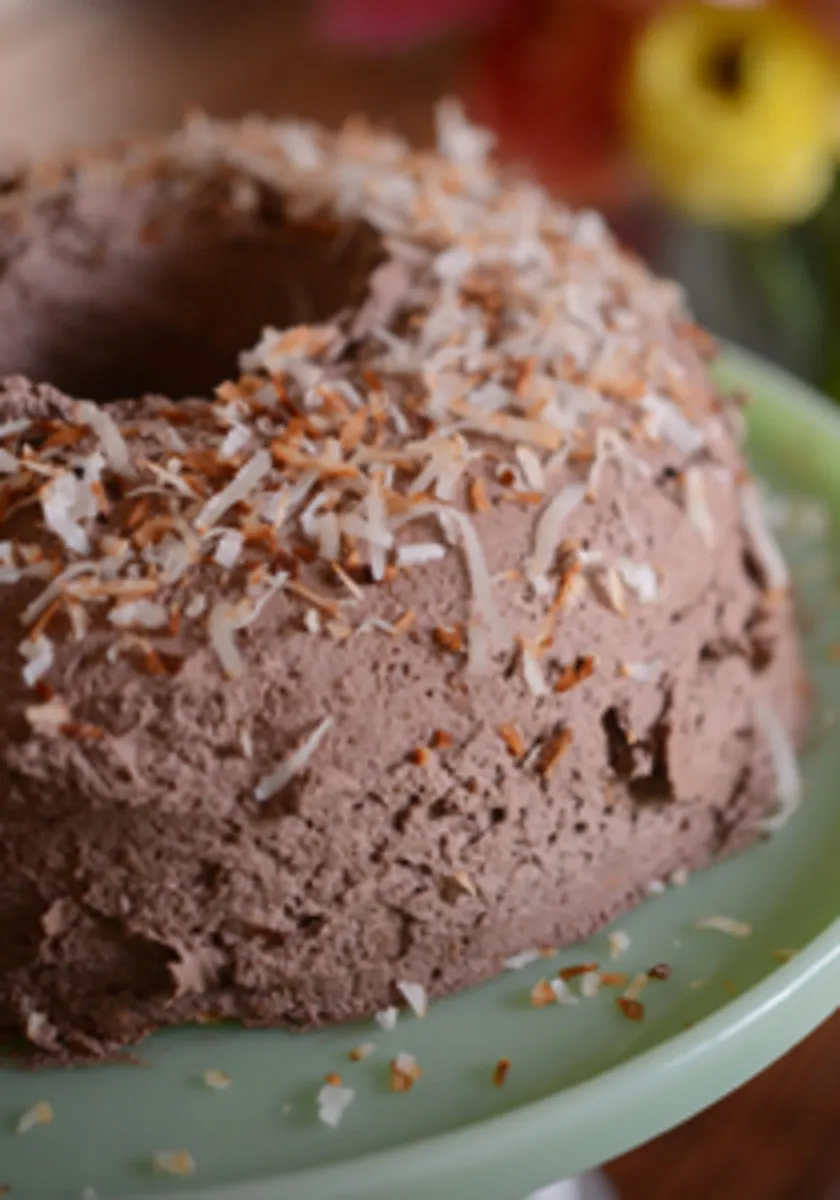 Angel Food Cake with Chocolate Whipped Cream Icing