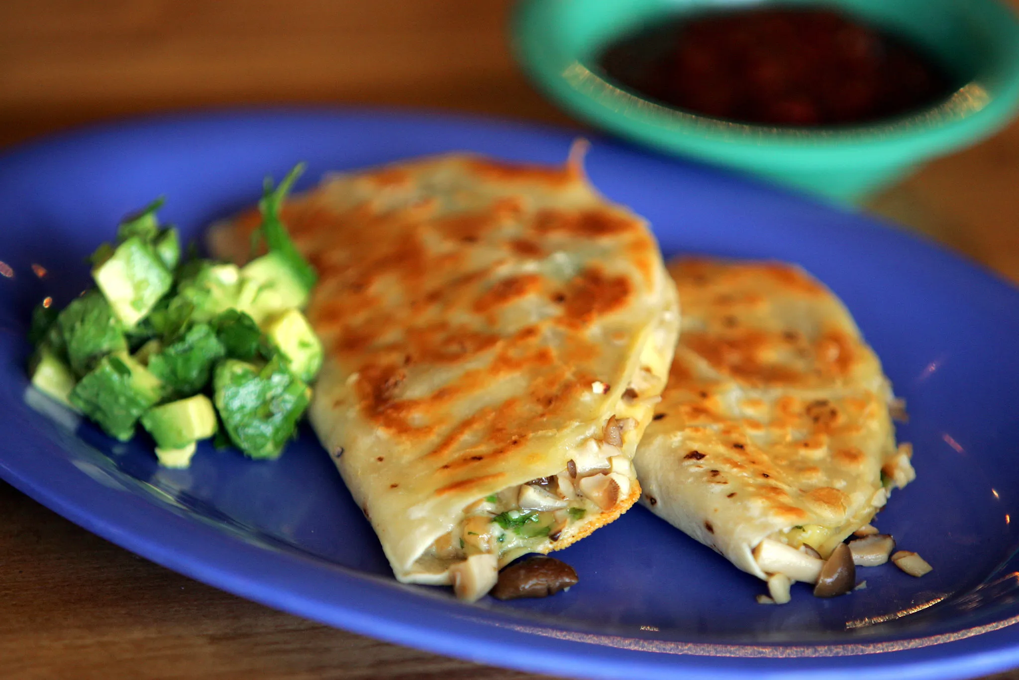 BBQ Duck and Wild Mushroom Quesadilla with Spicy Mango Salsa