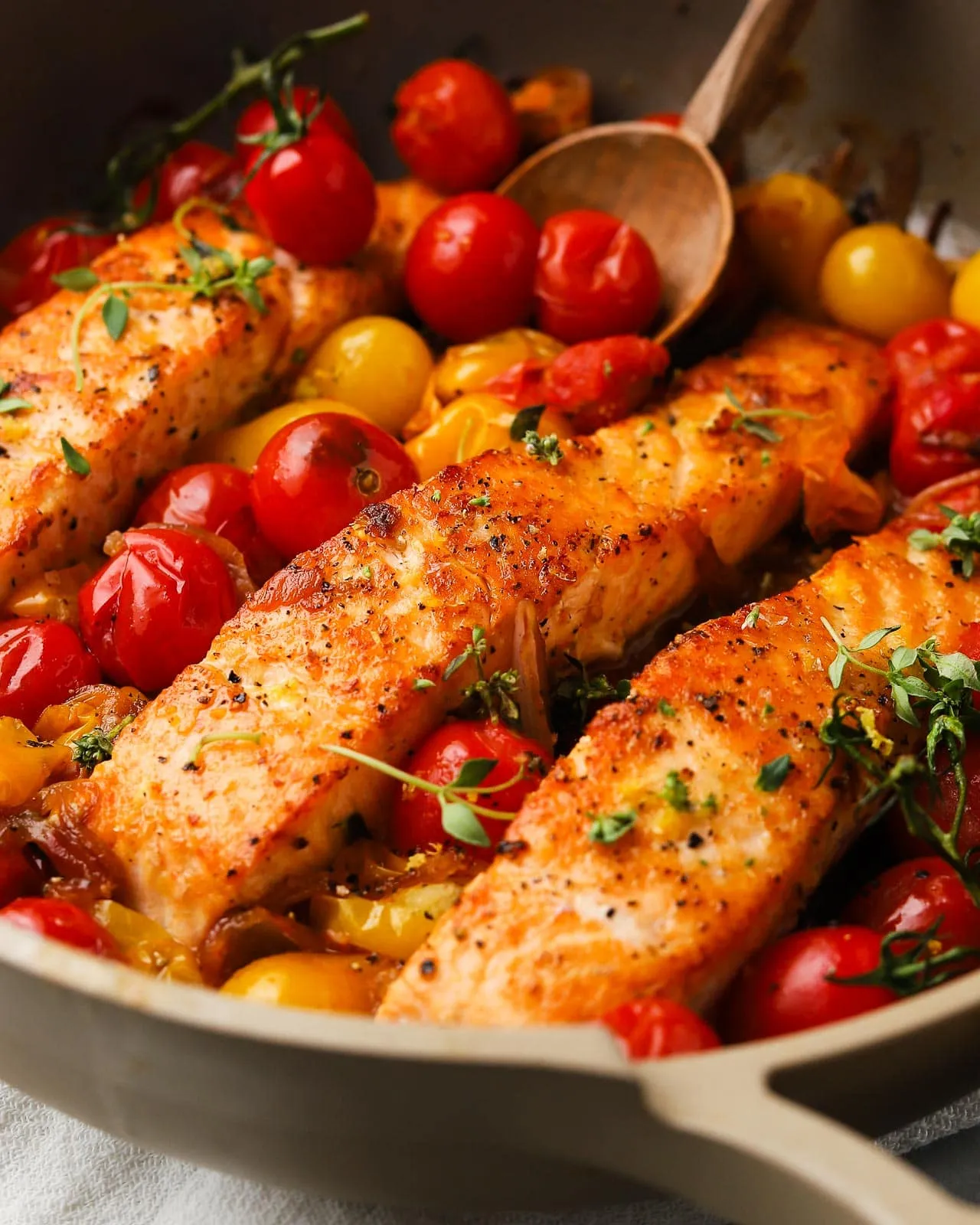 Barbecued Salmon Belly with Roasted Cherry Vine Tomatoes