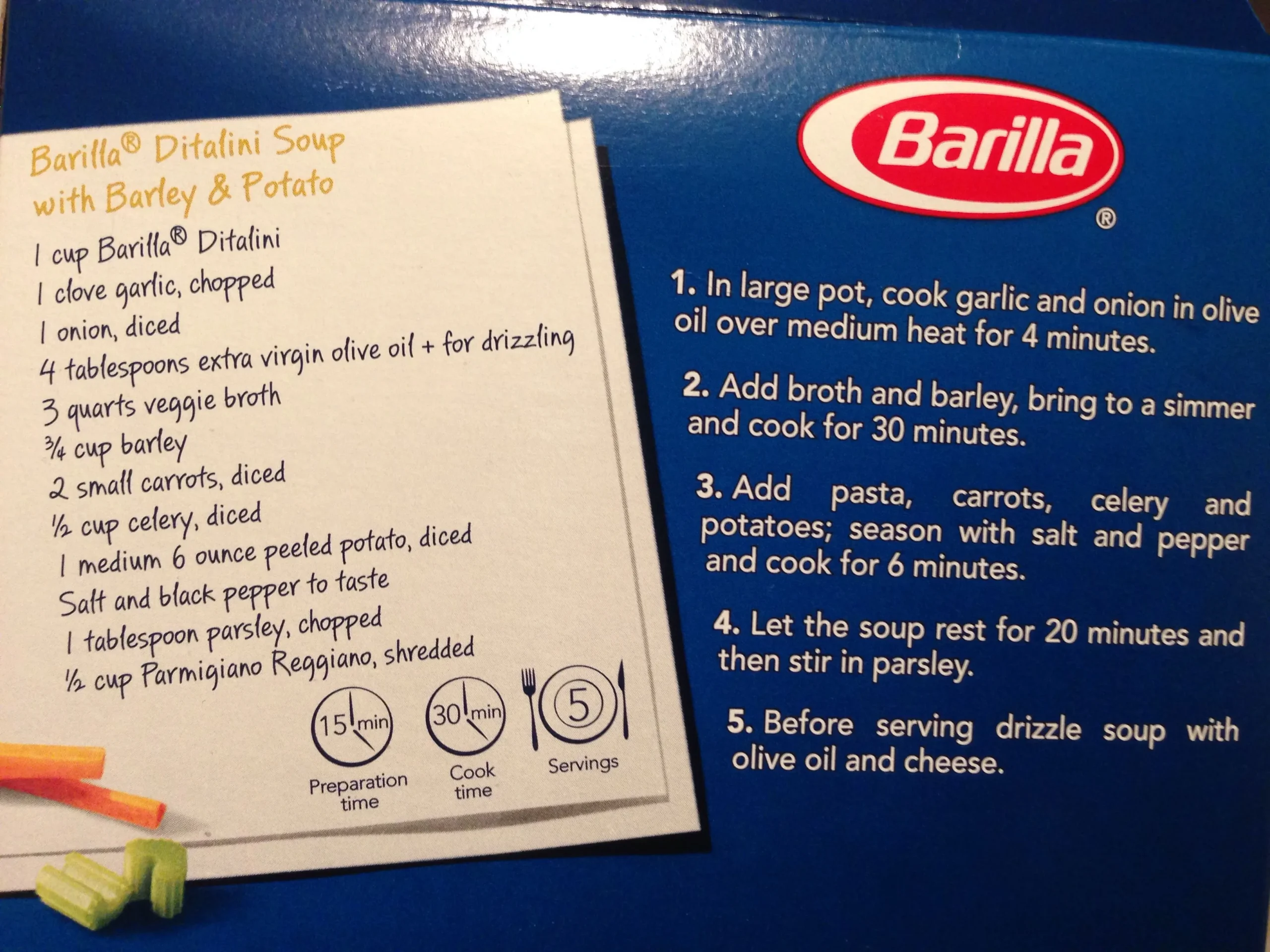 Barilla Ditalini Soup with Barley and Potatoes