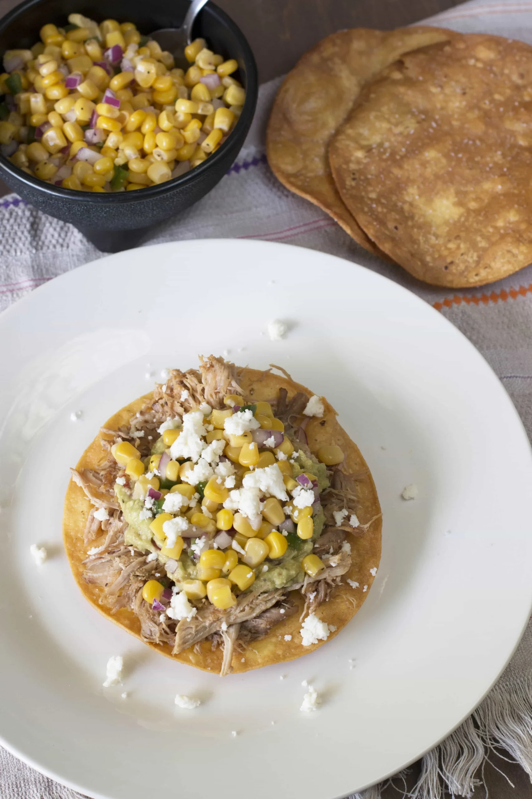 Beer Pulled Pork Carnitas Tostadas with Corn Salsa
