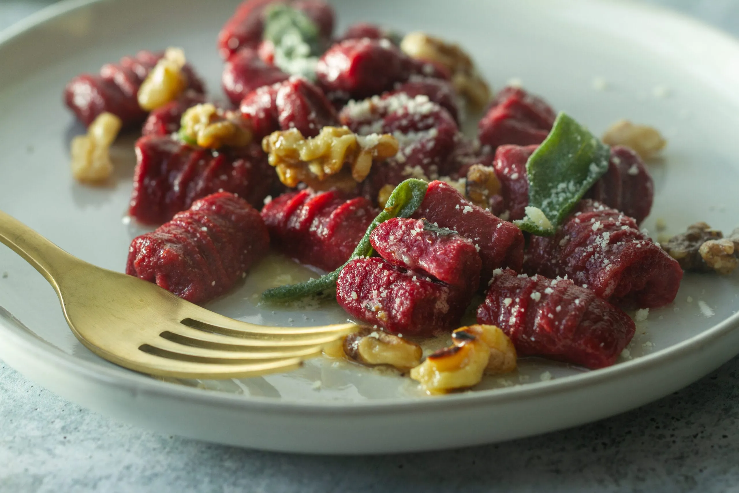 Beet Gnocchi with Walnut Sage Brown Butter