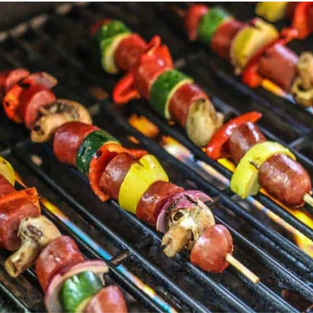 Brat Vegetable Kabobs with Mustard BBQ Sauce