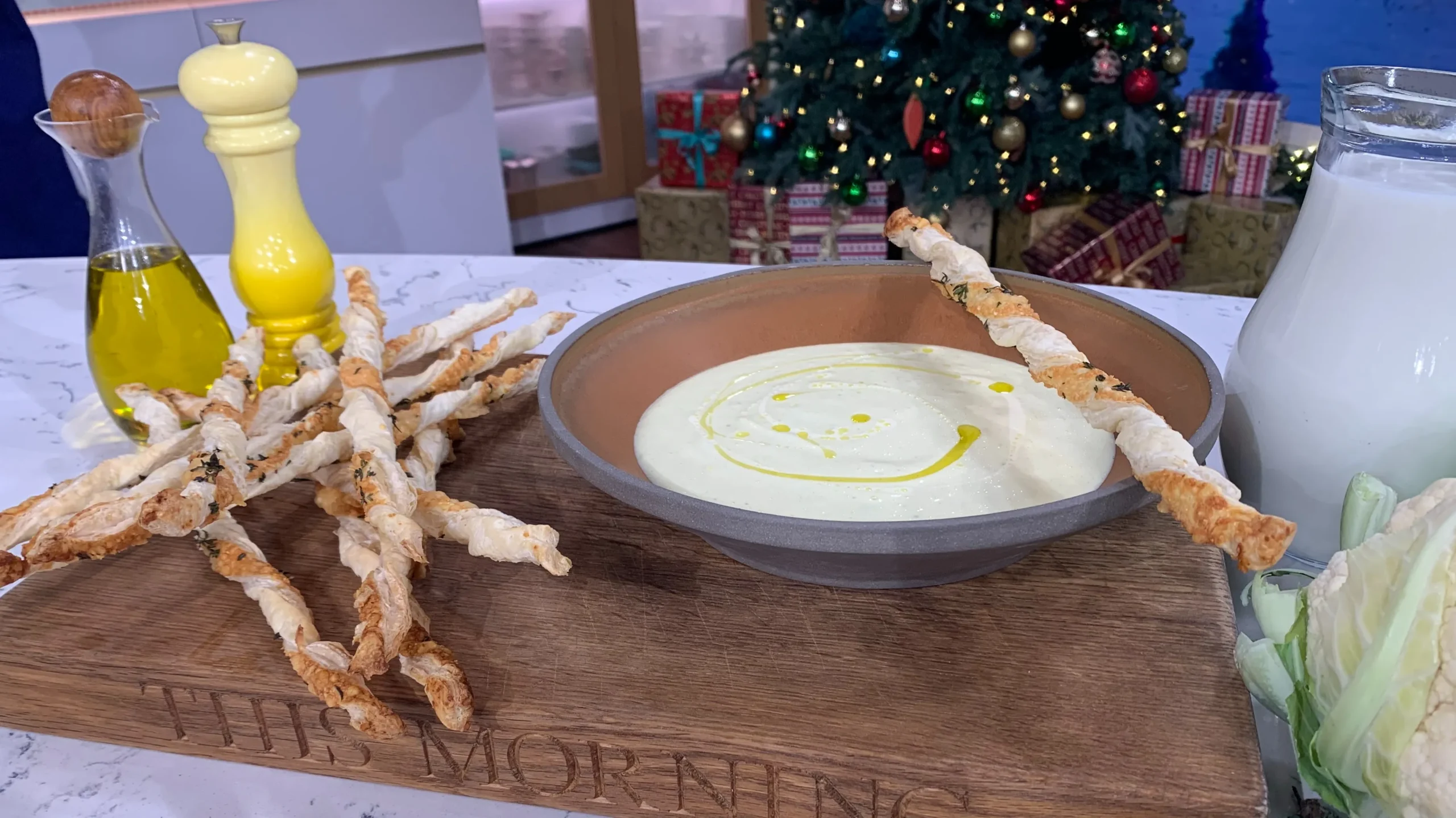 Cheese and Thyme Straws with Curried Cauliflower Soup