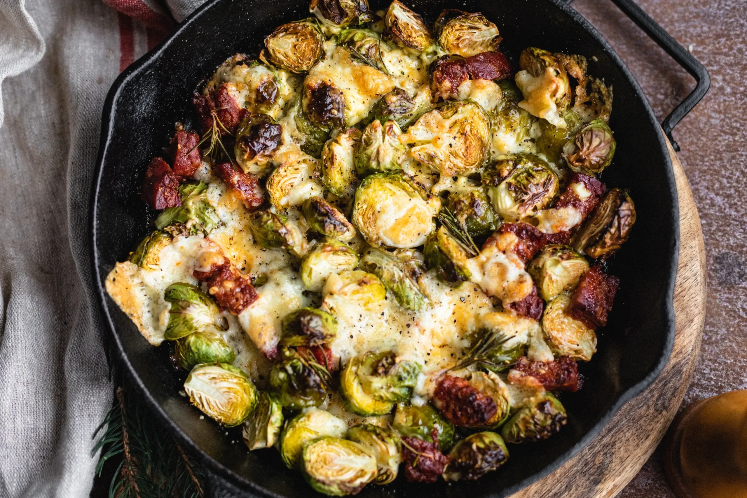 Cheesy Brussels Sprouts with Chorizo