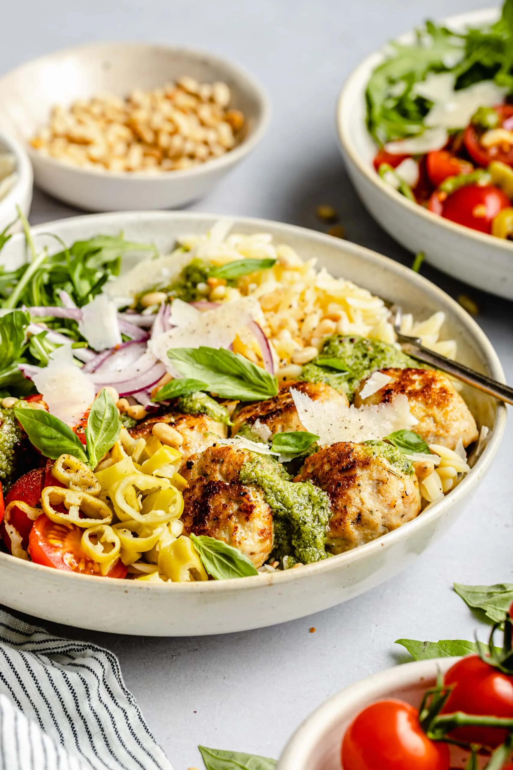 Chicken Pesto Meatballs with Zucchini Noodles and Roasted Fennel