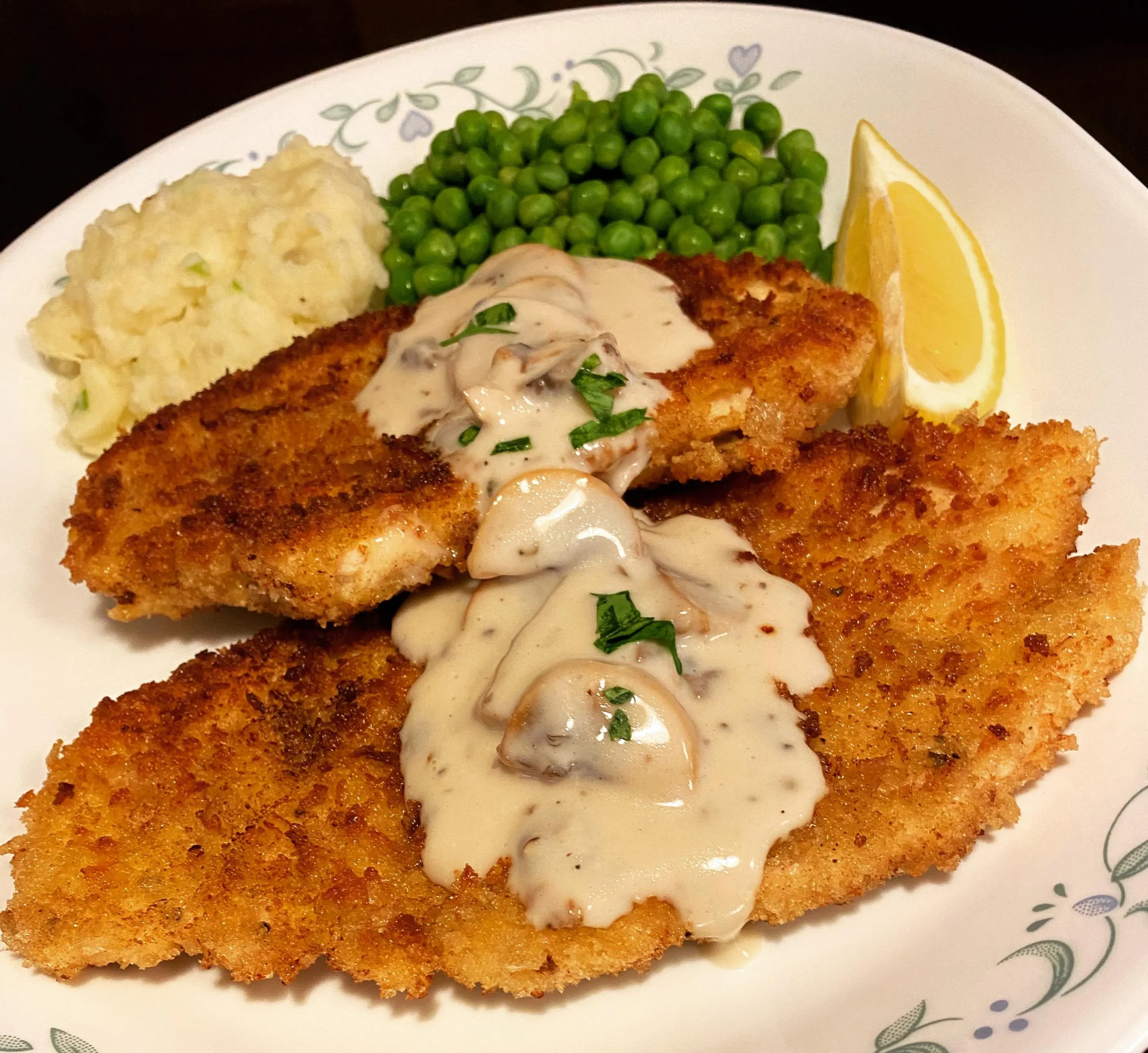 Chicken Schnitzel with Mash Gravy and Sautéed Veggies