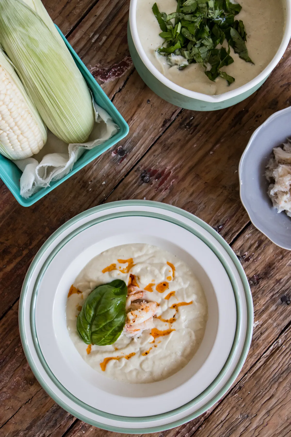 Chilled Corn Bisque with Basil Avocado and Crab