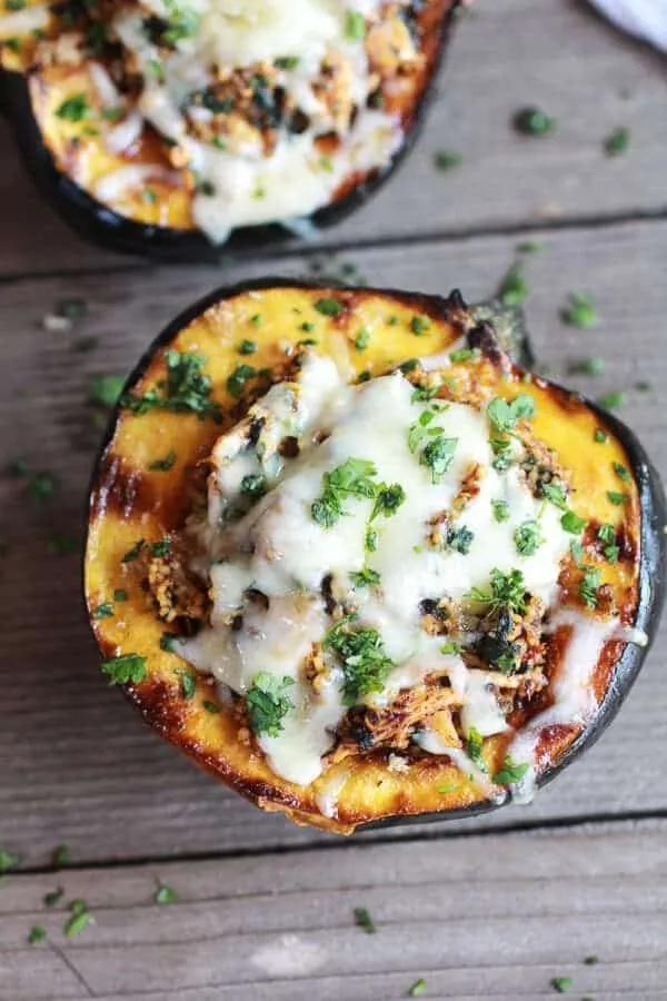 Chipotle Chicken Stuffed Brown Sugar Roasted Acorn Squash