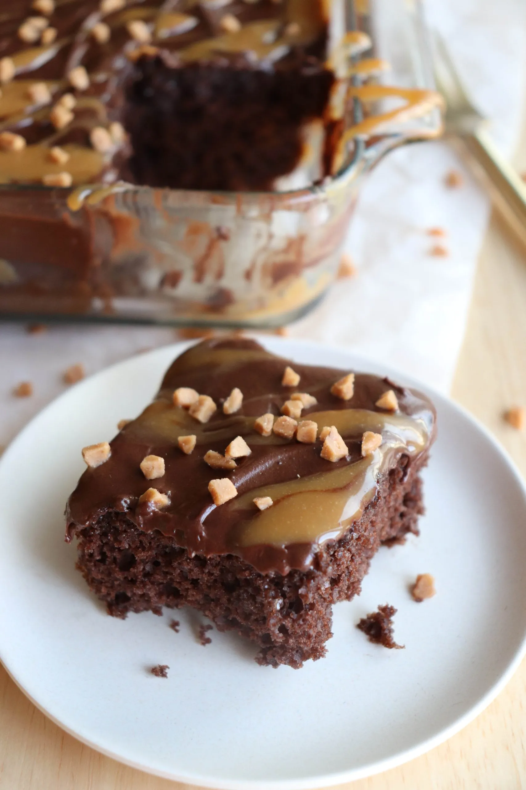Chocolate Chocolate Chip Caramel Poke Cake