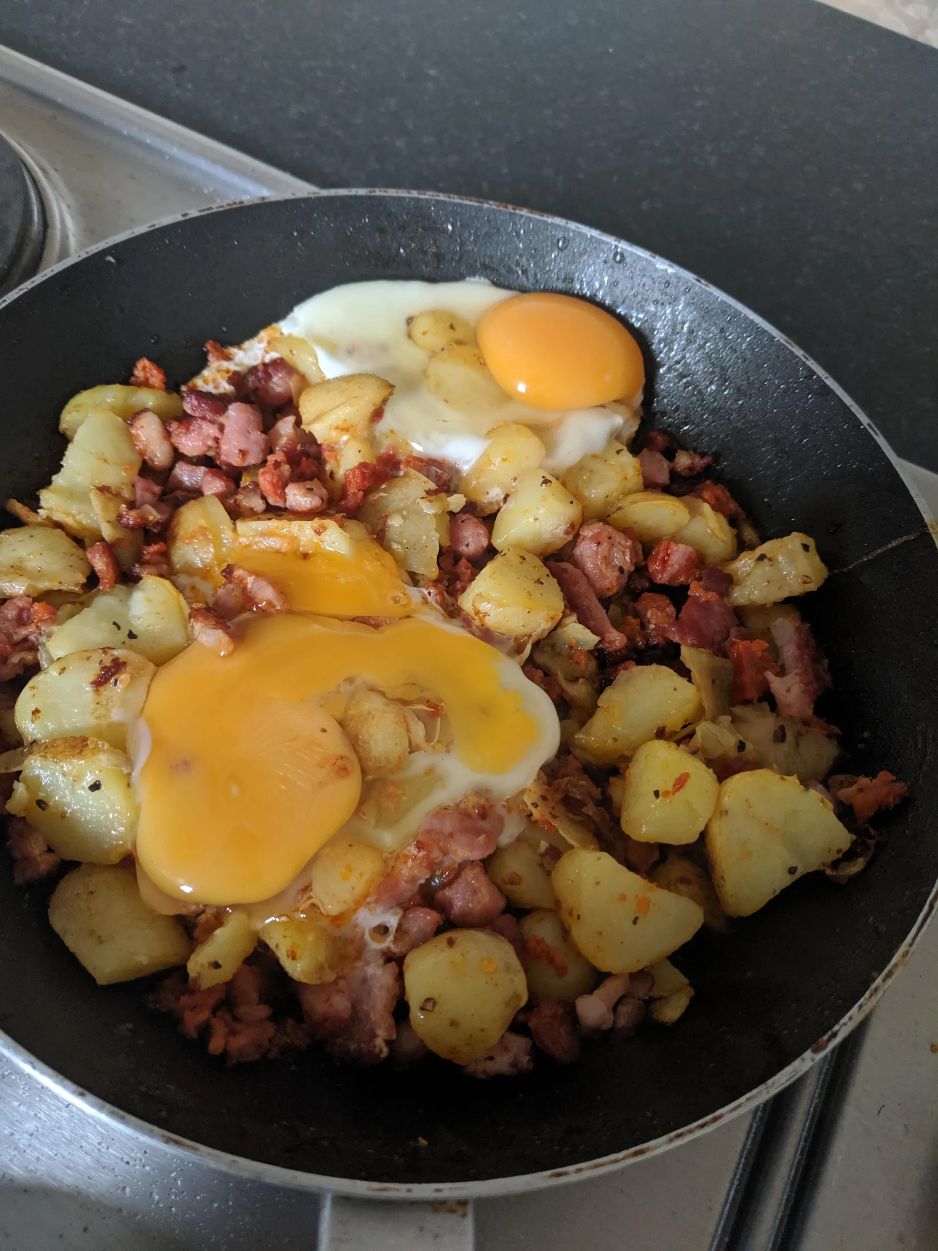 Chorizo Bacon Smashed Potato Breakfast Hash
