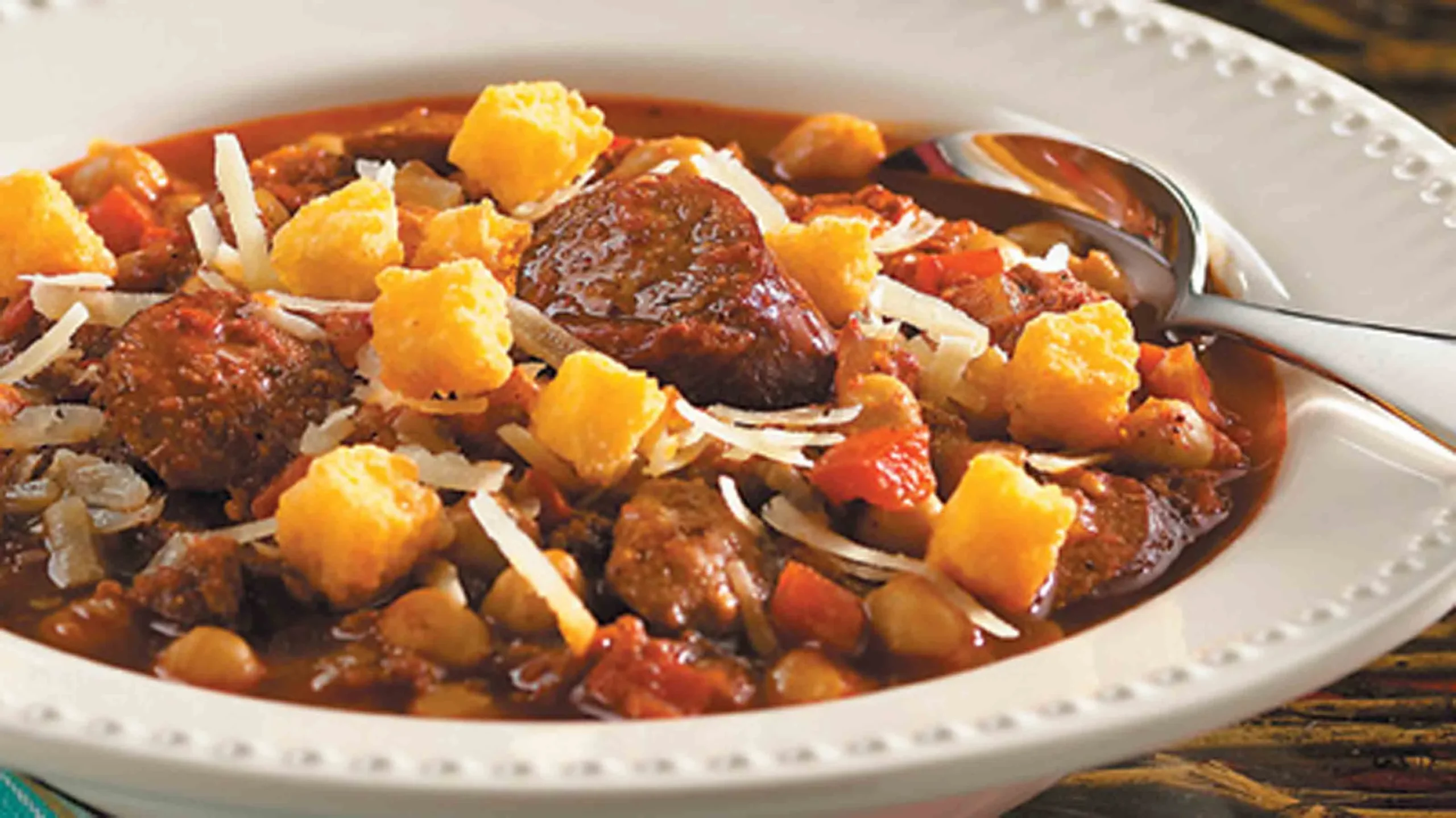 Chorizo Vegetable Chili with Cheese Polenta