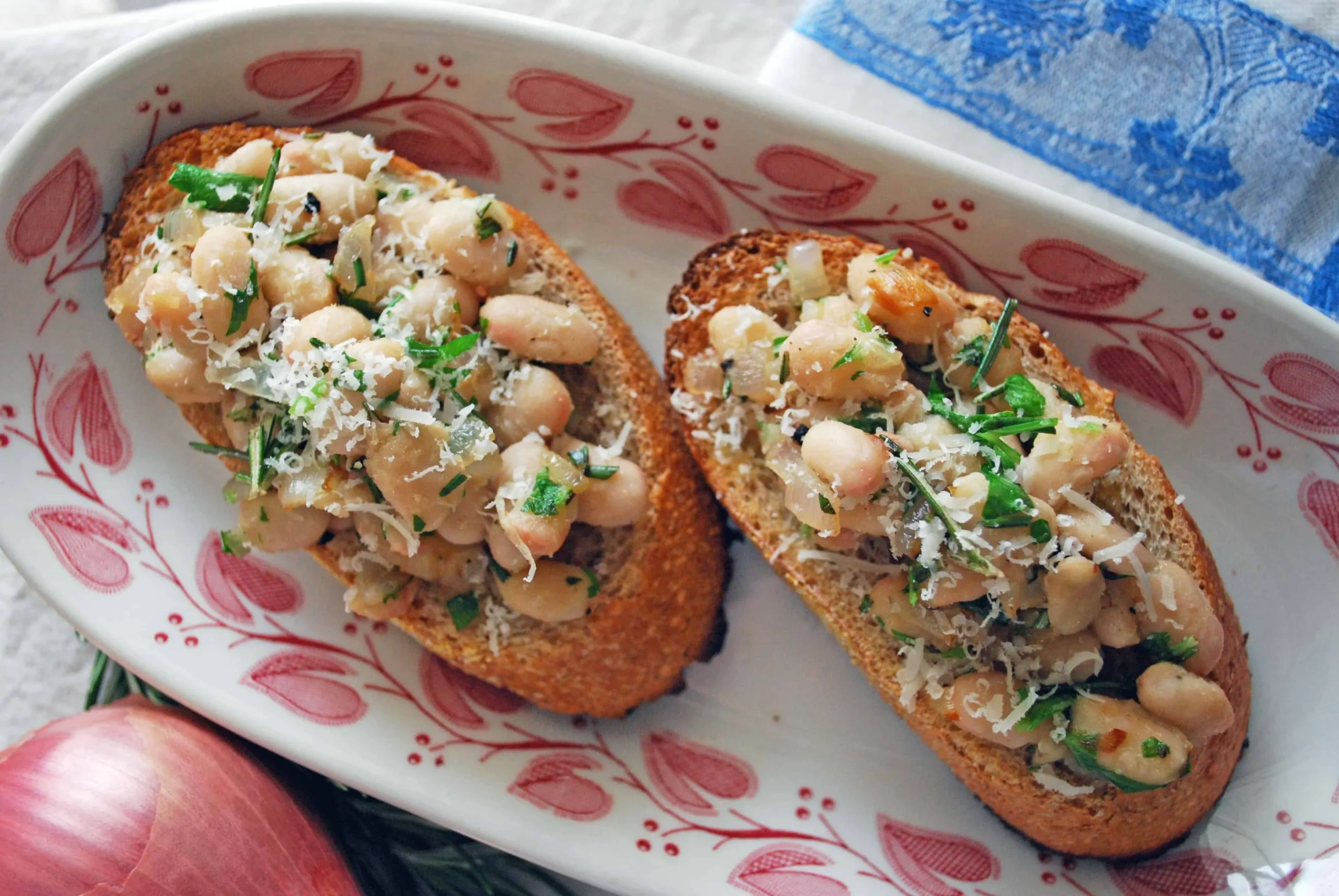 Corn Peach Crostini with White Bean Basil Puree