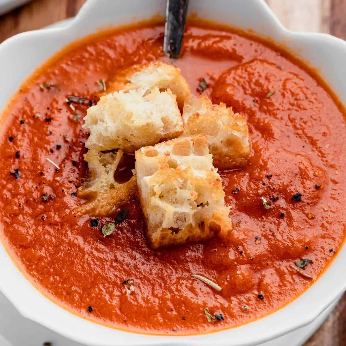 Creamy Heirloom Tomato Soup with Garlic Croutons