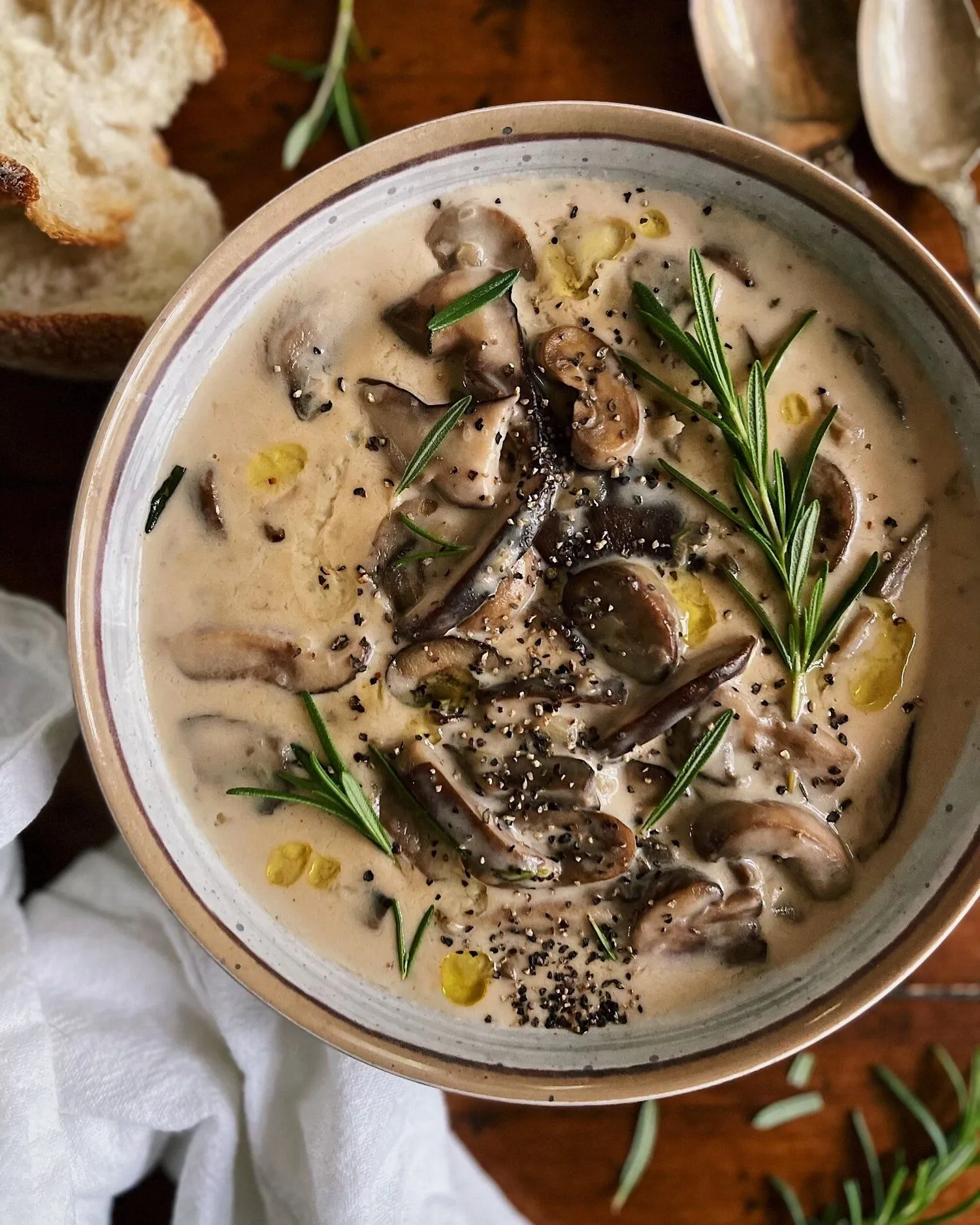 Creamy Mushroom Soup with Rosemary Breadcrumbs