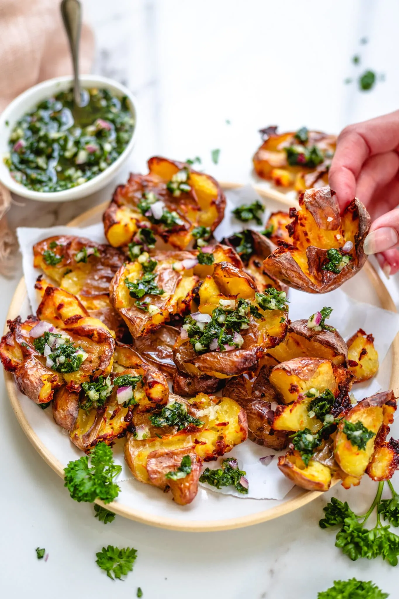 Crispy Smashed Potatoes with Balsamic Shallots