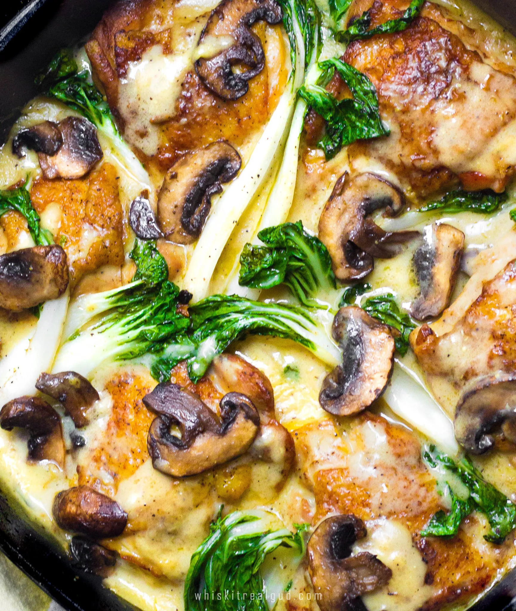 Crispy Smothered Chicken with Roasted Baby Bok Choy and Mushrooms