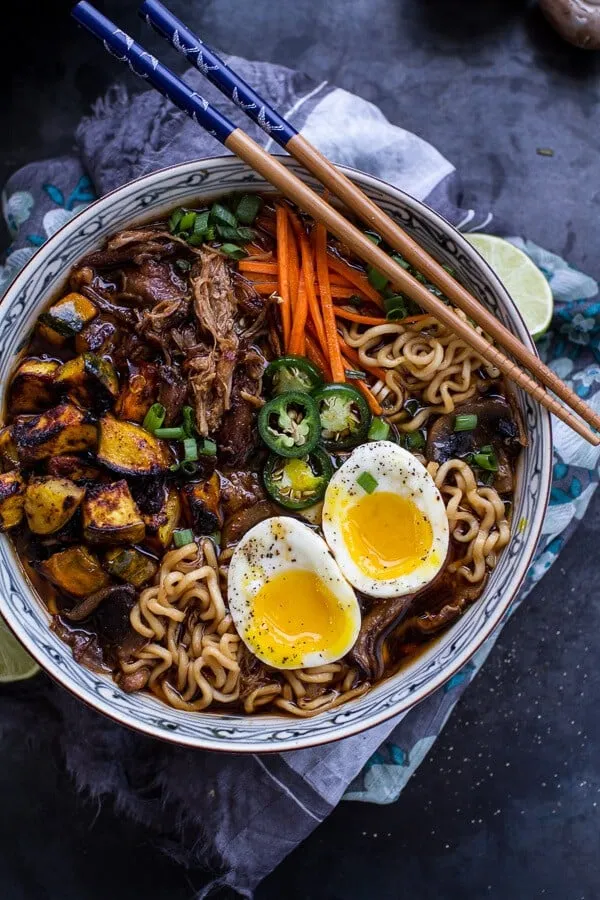 Crockpot Crispy Caramelized Pork Ramen Noodle Soup with Curry Roasted Acorn Squash