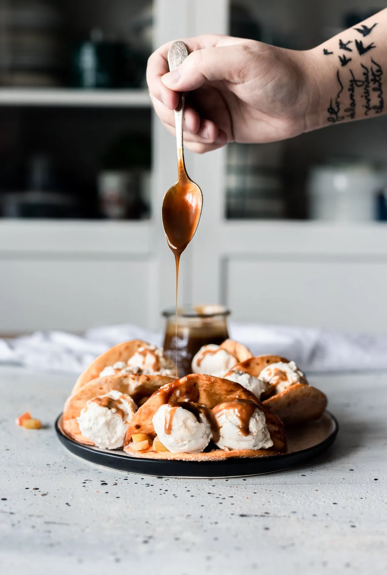 Easy Apple Crumble Dessert Tacos with Coconut Caramel Drizzle