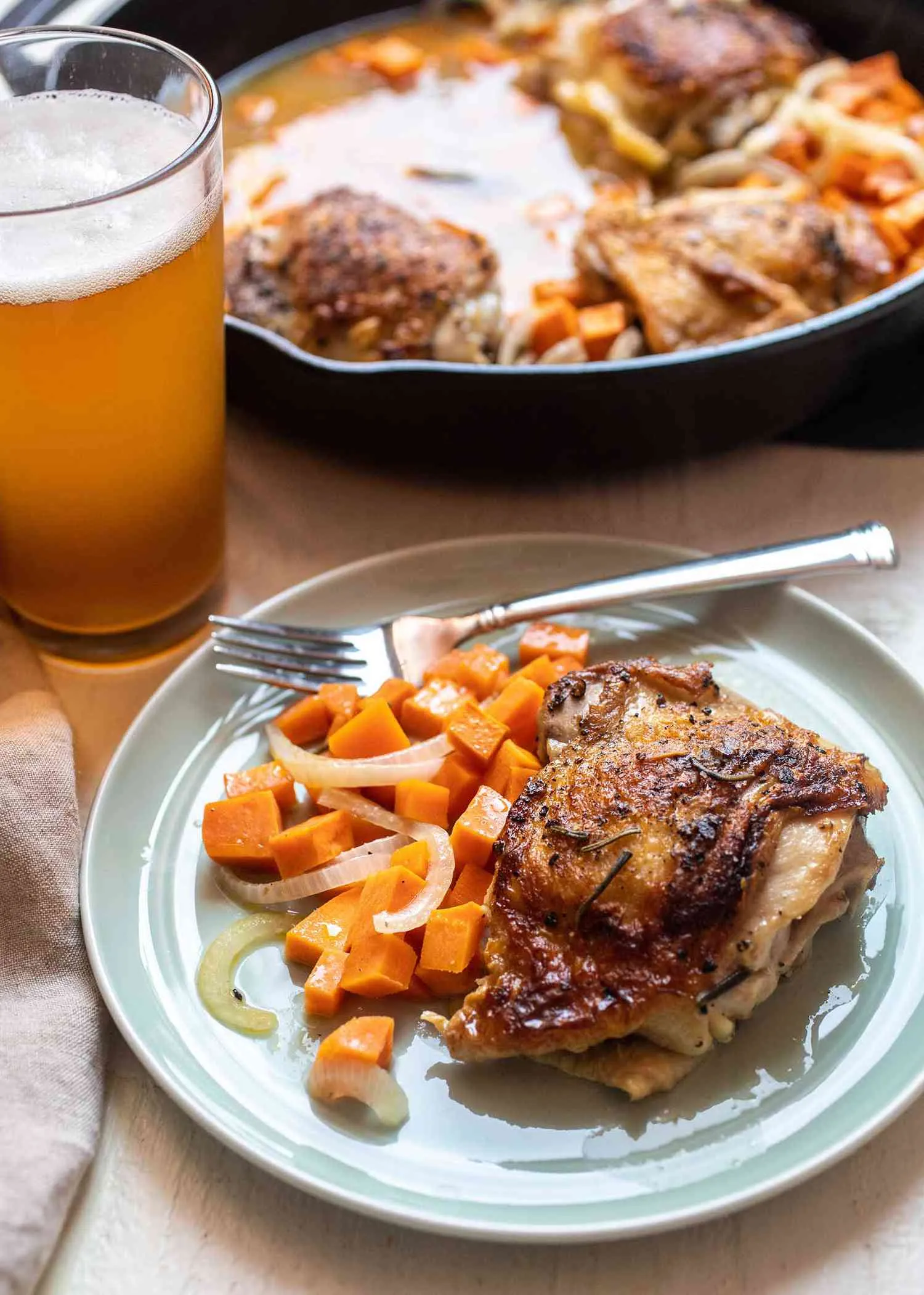 Easy Healthy Slow Cooker Cider Braised Chicken Thighs with Sweet Potatoes and Sage