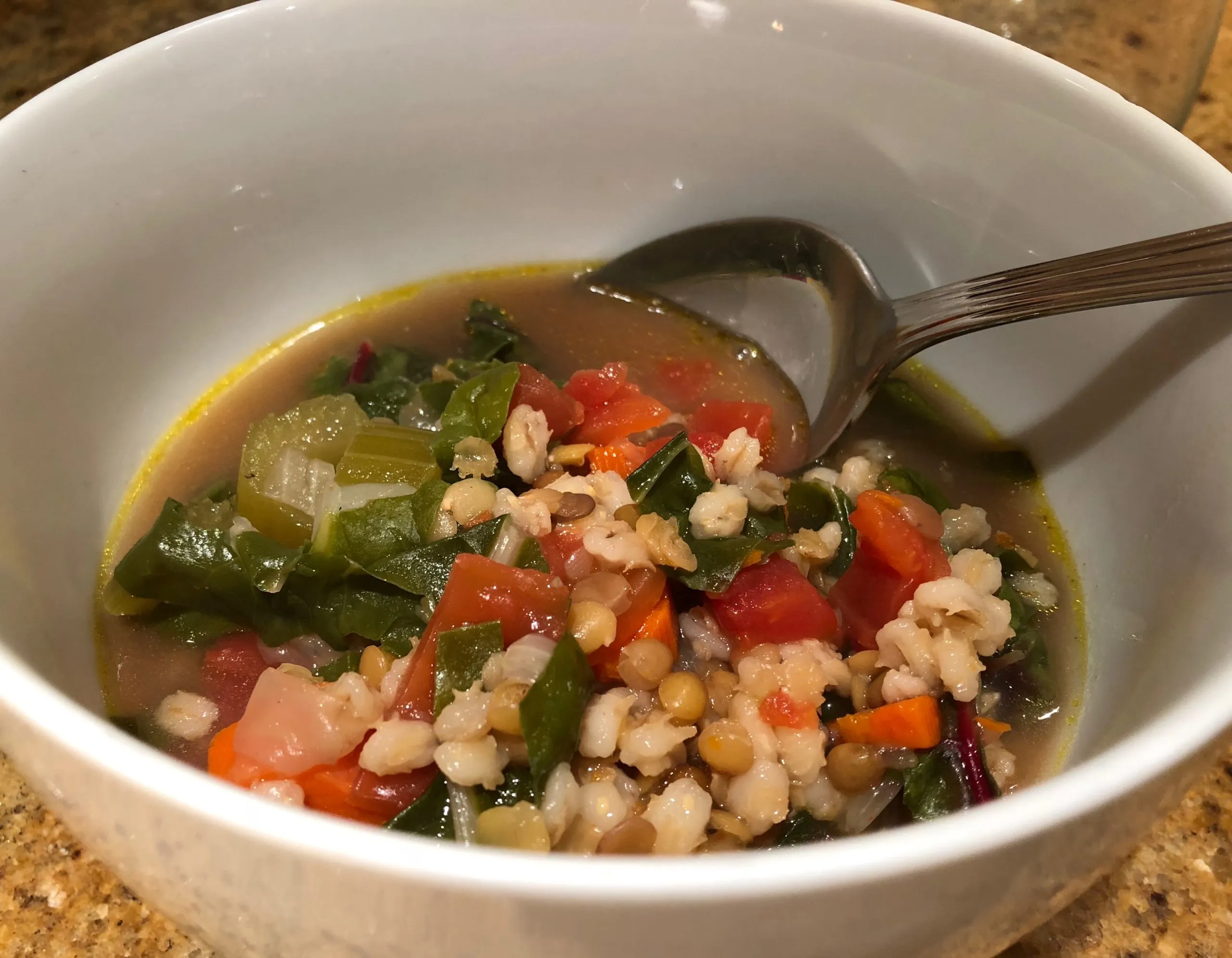 French Lentil Soup with Barley and Rainbow Chard