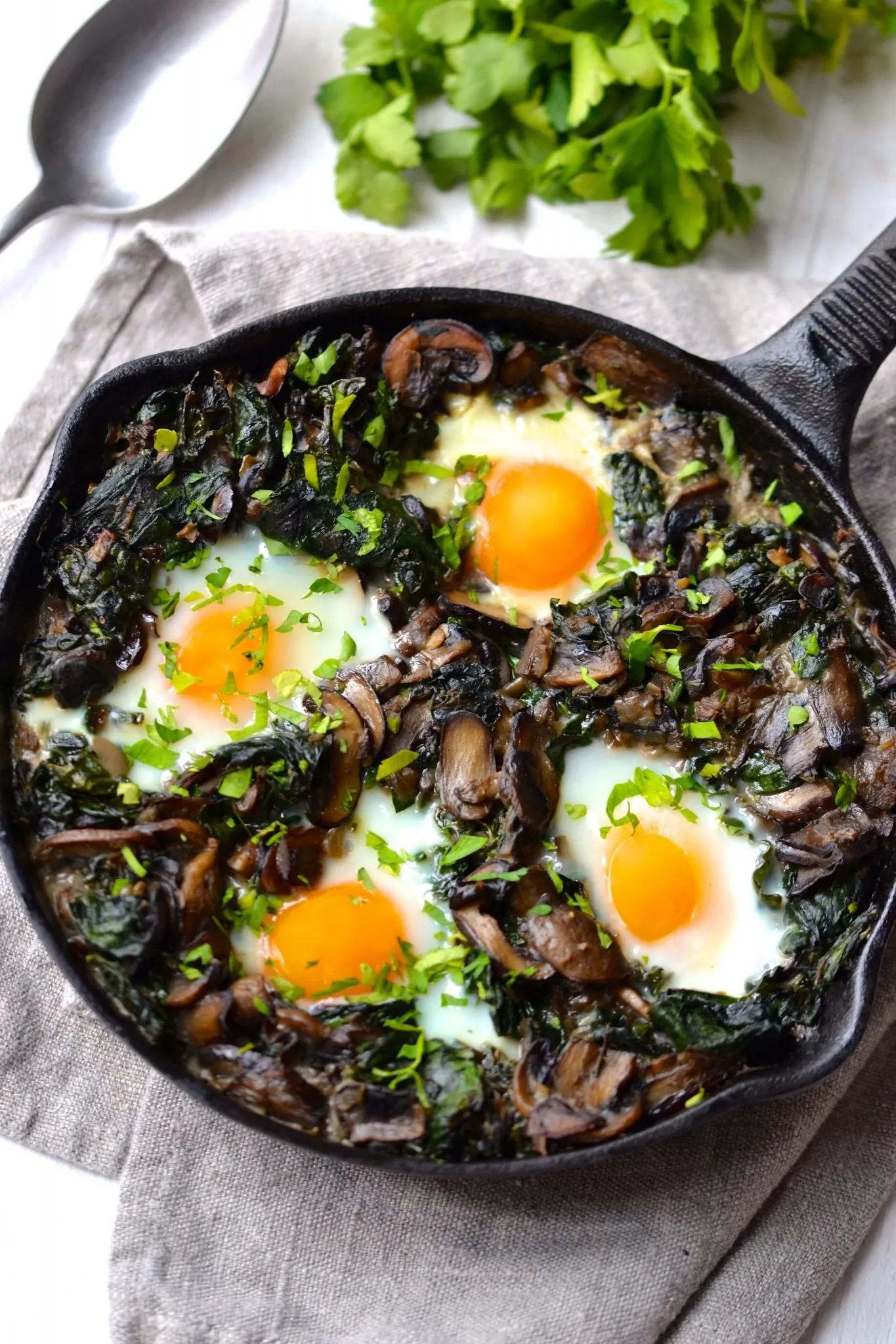 Fried Eggs with Kale and Mushrooms