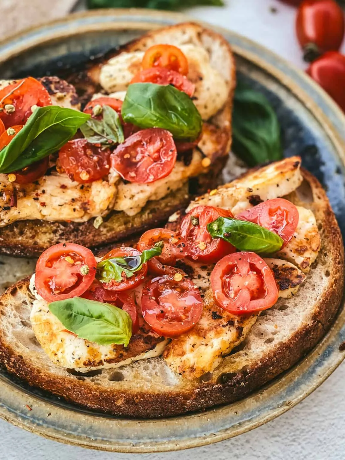 Fried Halloumi Toast with Dry Farmed Tomato Bruschetta
