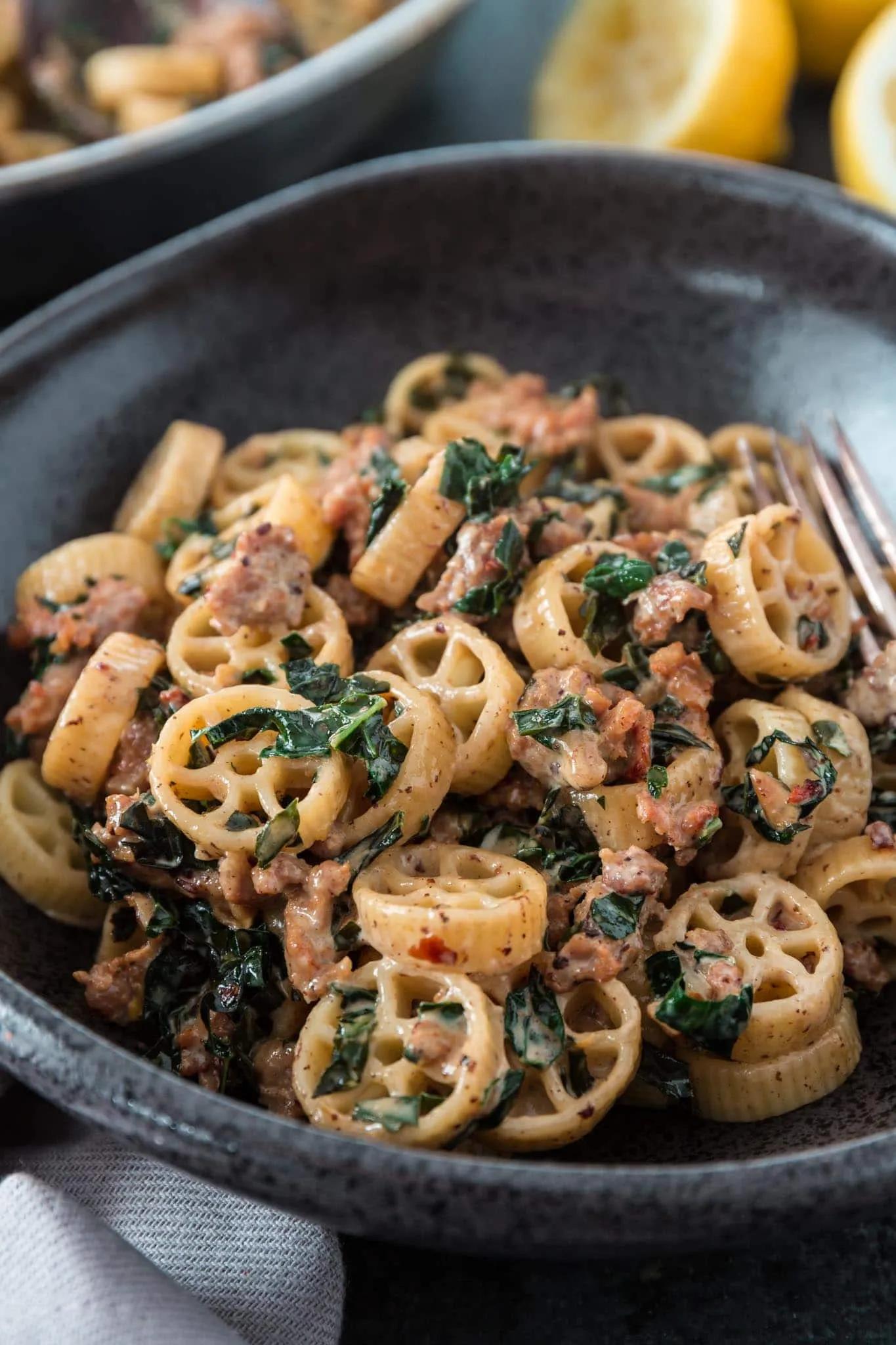 Garlic Parmesan Kale Pasta with Sausages