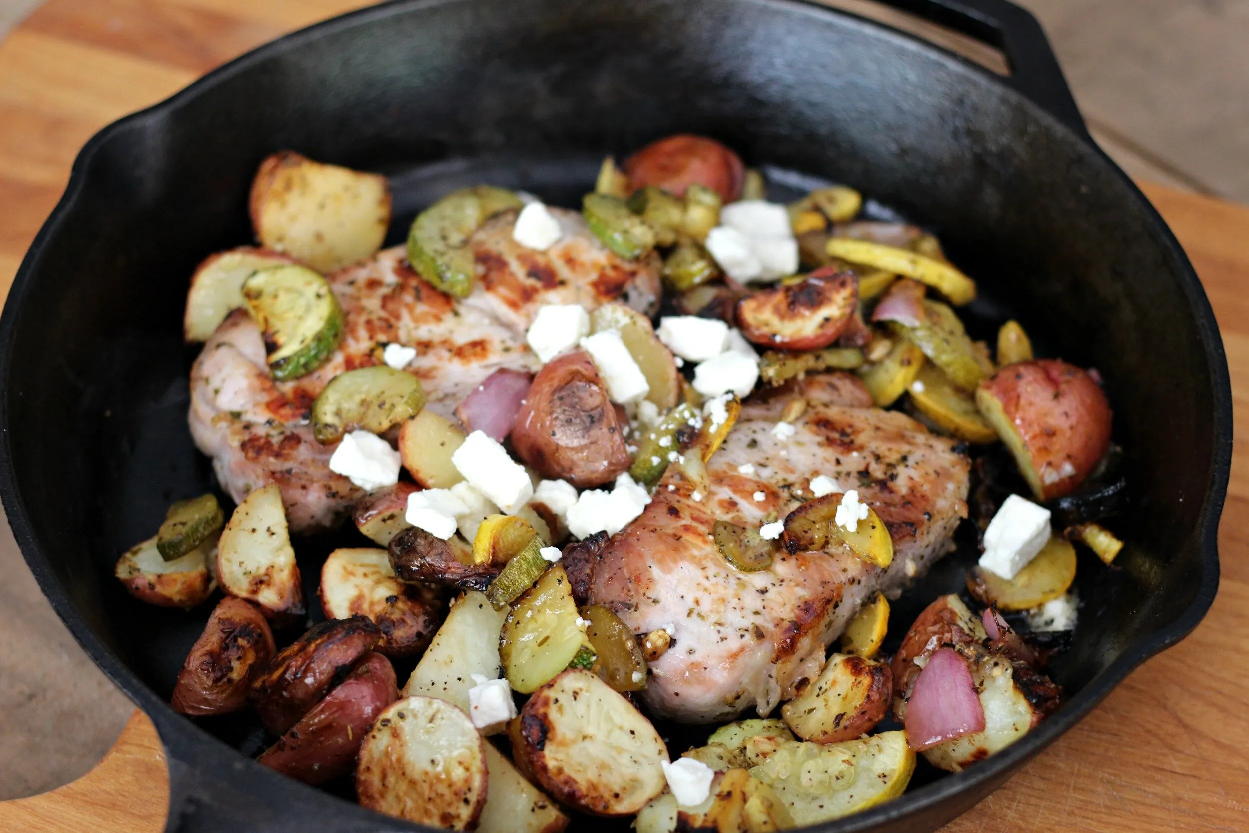 Greek Pork Chops with Squash and Potatoes