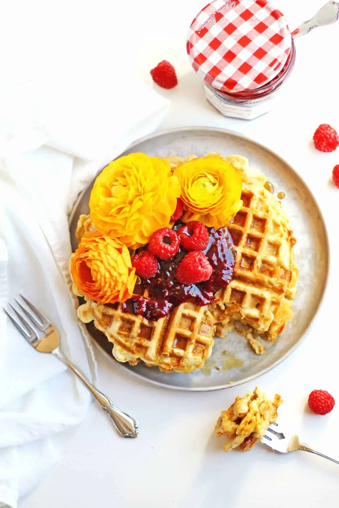 Green Chili Cheese Cornbread Waffles Raspberry Preserves