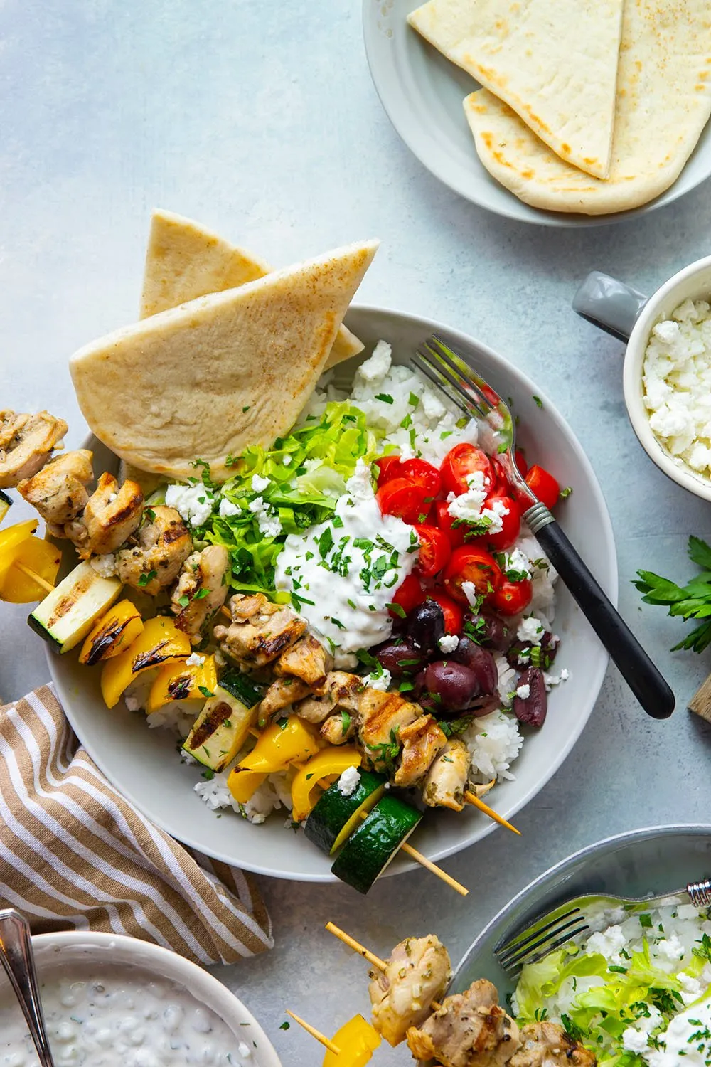 Grilled Chicken Souvlaki Skewers with Flatbread and Tzatziki Sauce