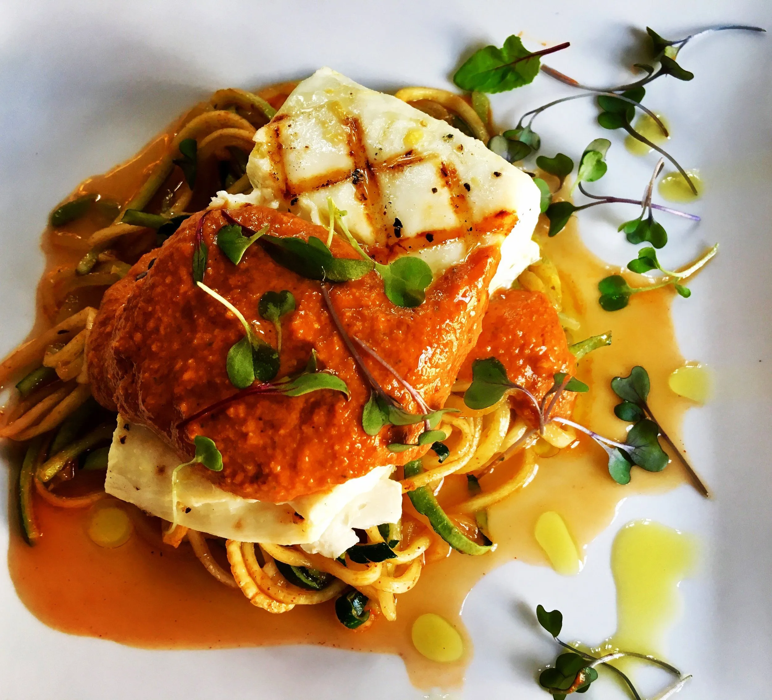 Grilled Halibut with Zucchini Noodles in Tomato Broth