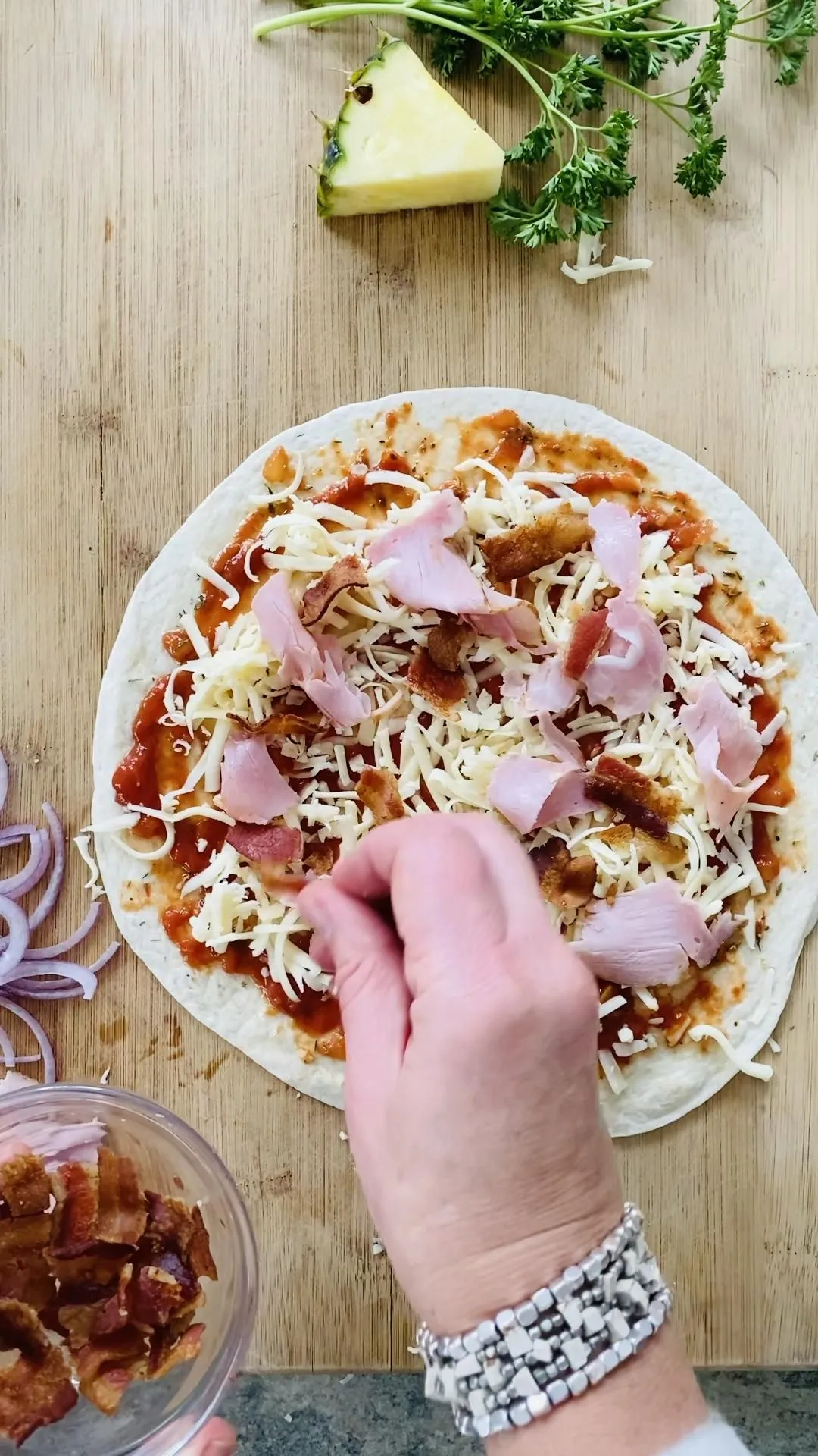 Hawaiian Tortilla Pizza with Ham, Bacon, and Pineapple