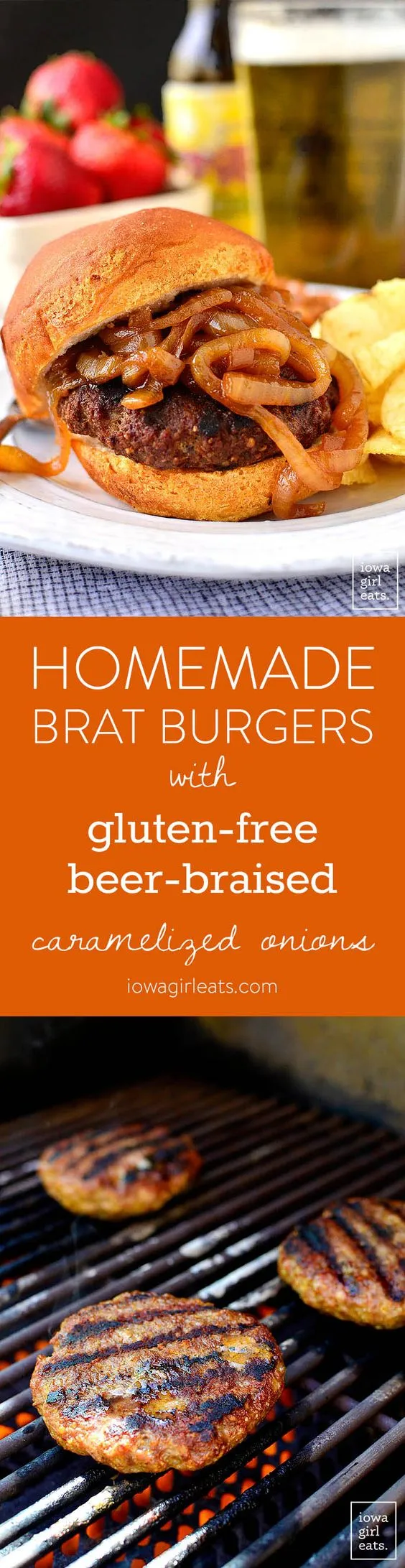 Homemade Brat Burgers with Gluten-Free Beer Braised Caramelized Onions