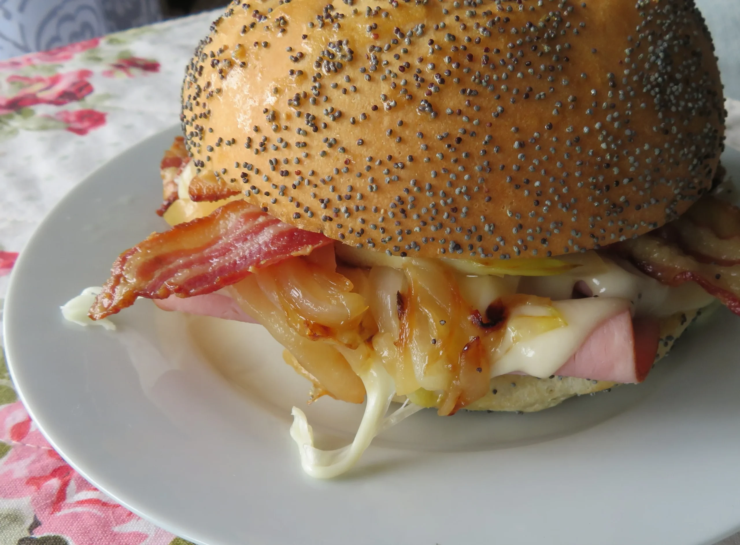 Hot Ham and Cheese Sandwiches with Bacon and Caramelized Onions