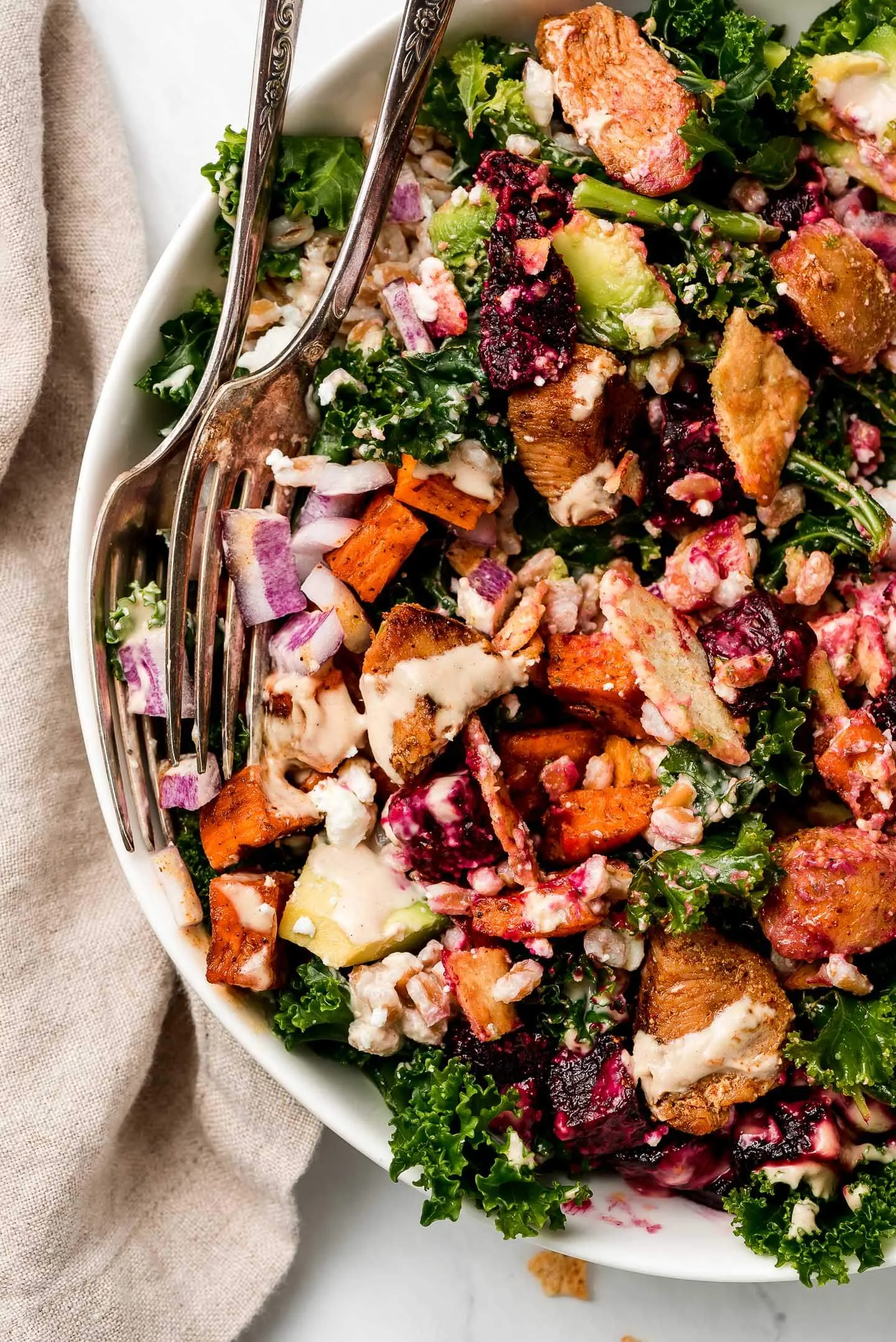 Kale and Roasted Veggie Salad with Tahini Yogurt Pesto