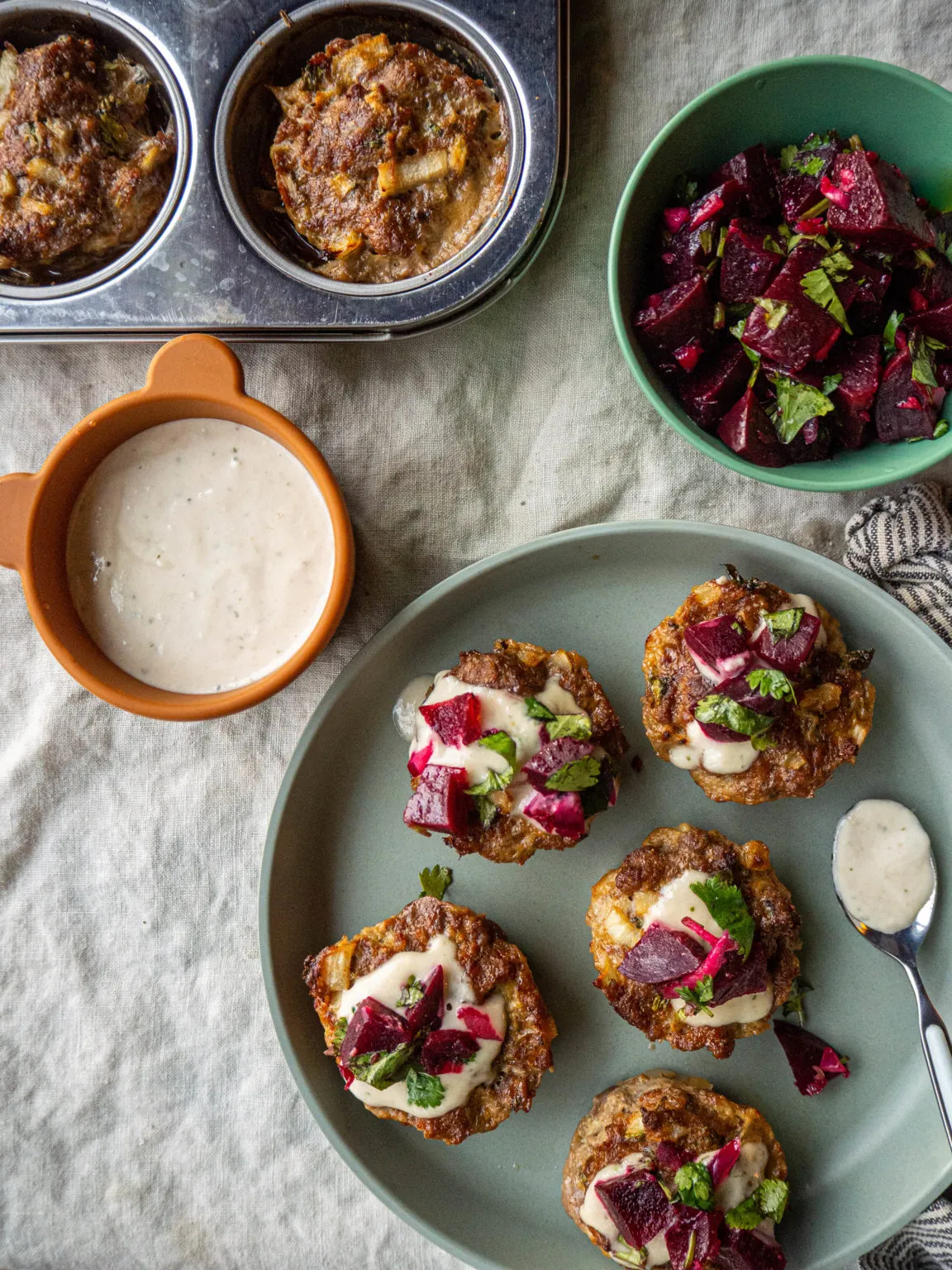 Lamb Meatloaf with Tahini Sauce and Beet Relish