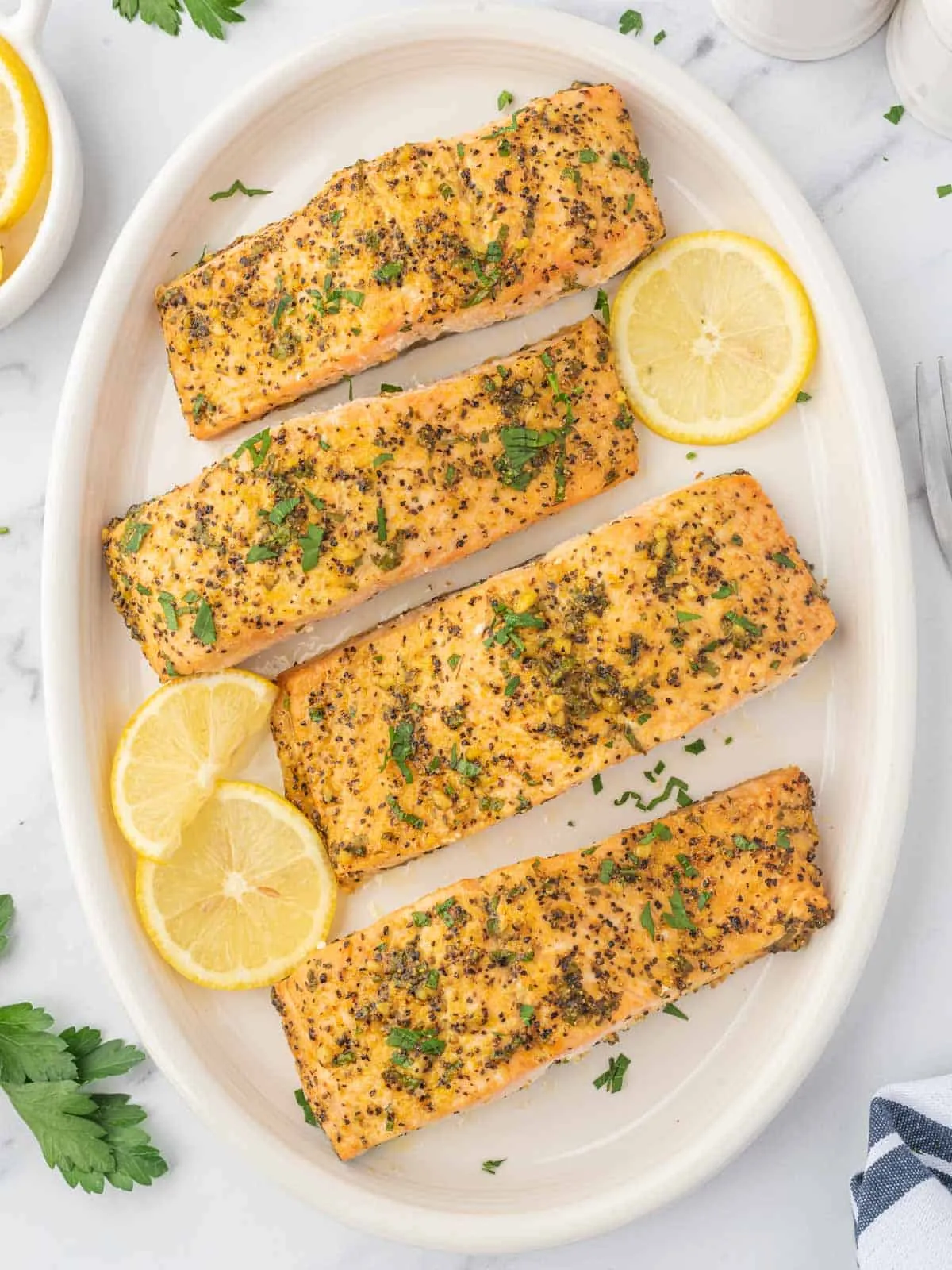 Lemon Baked Salmon with Toasted Pine Nuts and Mint Yogurt Sauce