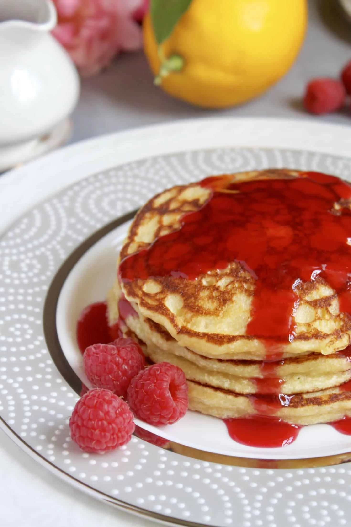 Lemon Pancakes with Raspberry Syrup