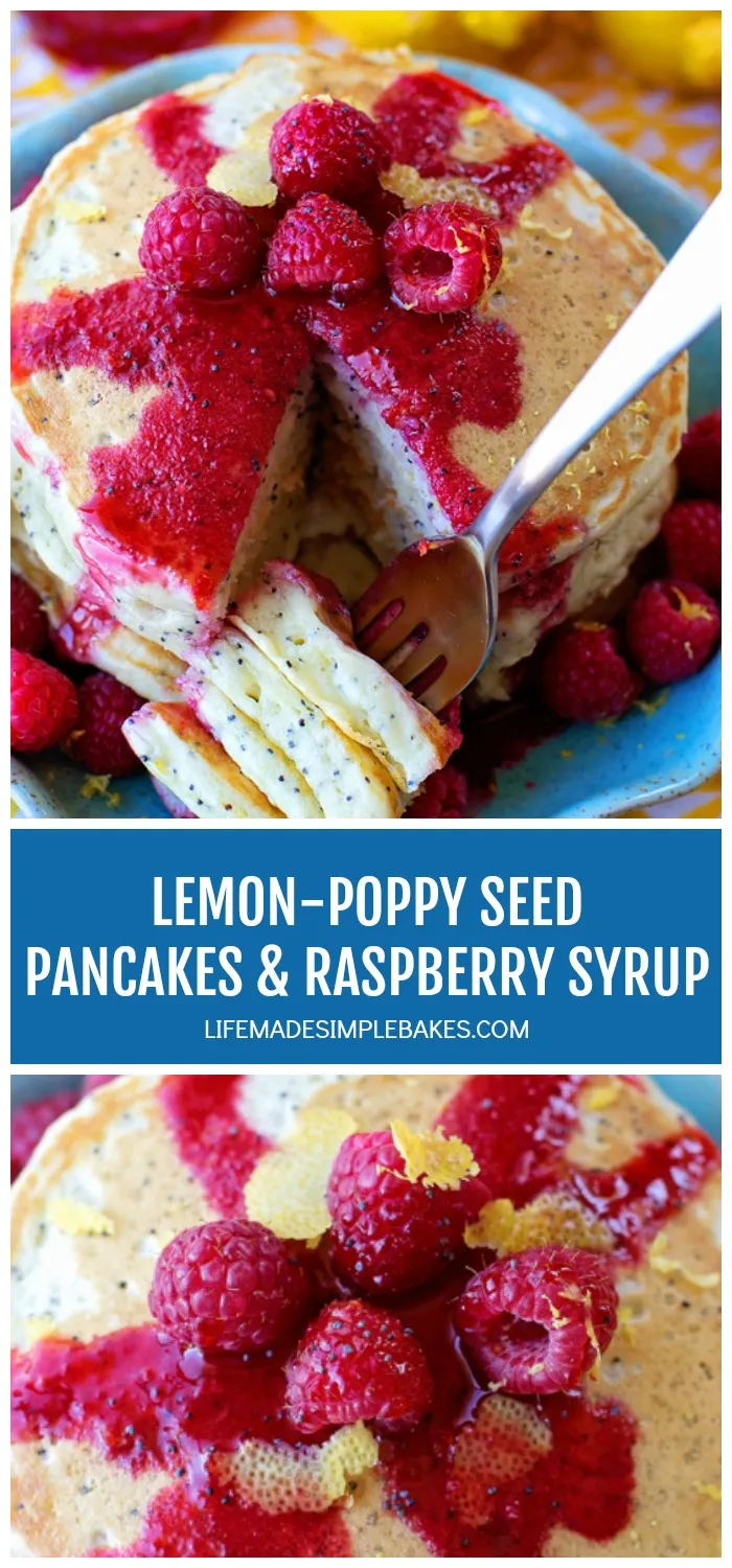 Lemon Poppy Seed Pancakes with Raspberry Syrup
