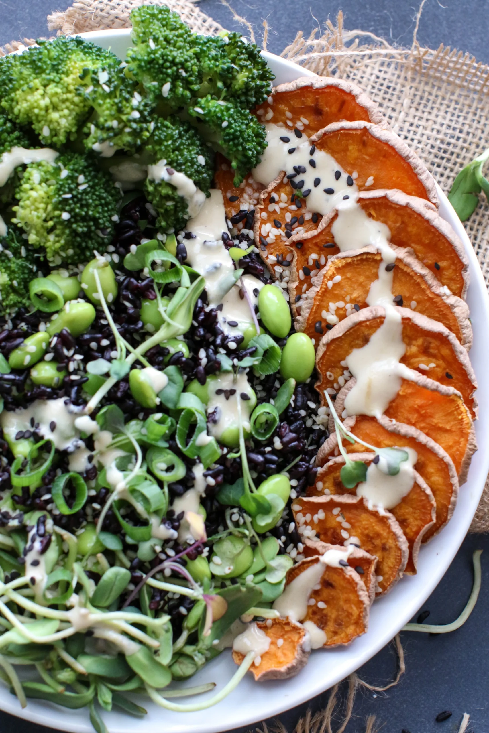 Miso Tahini Whipped Sweet Potato Bowl with Spiced Beans and Broccolini