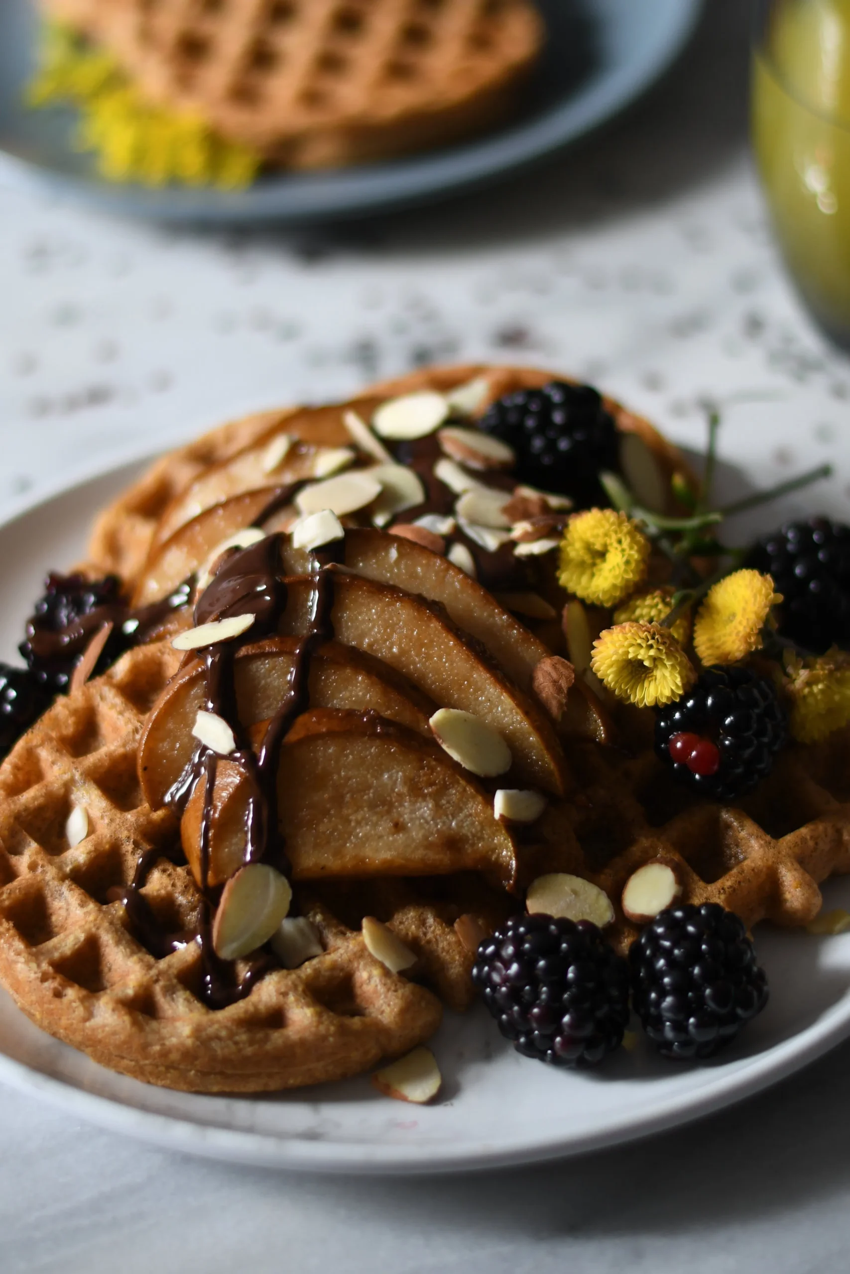 Molasses Ginger Waffles Topped with Roasted Pears