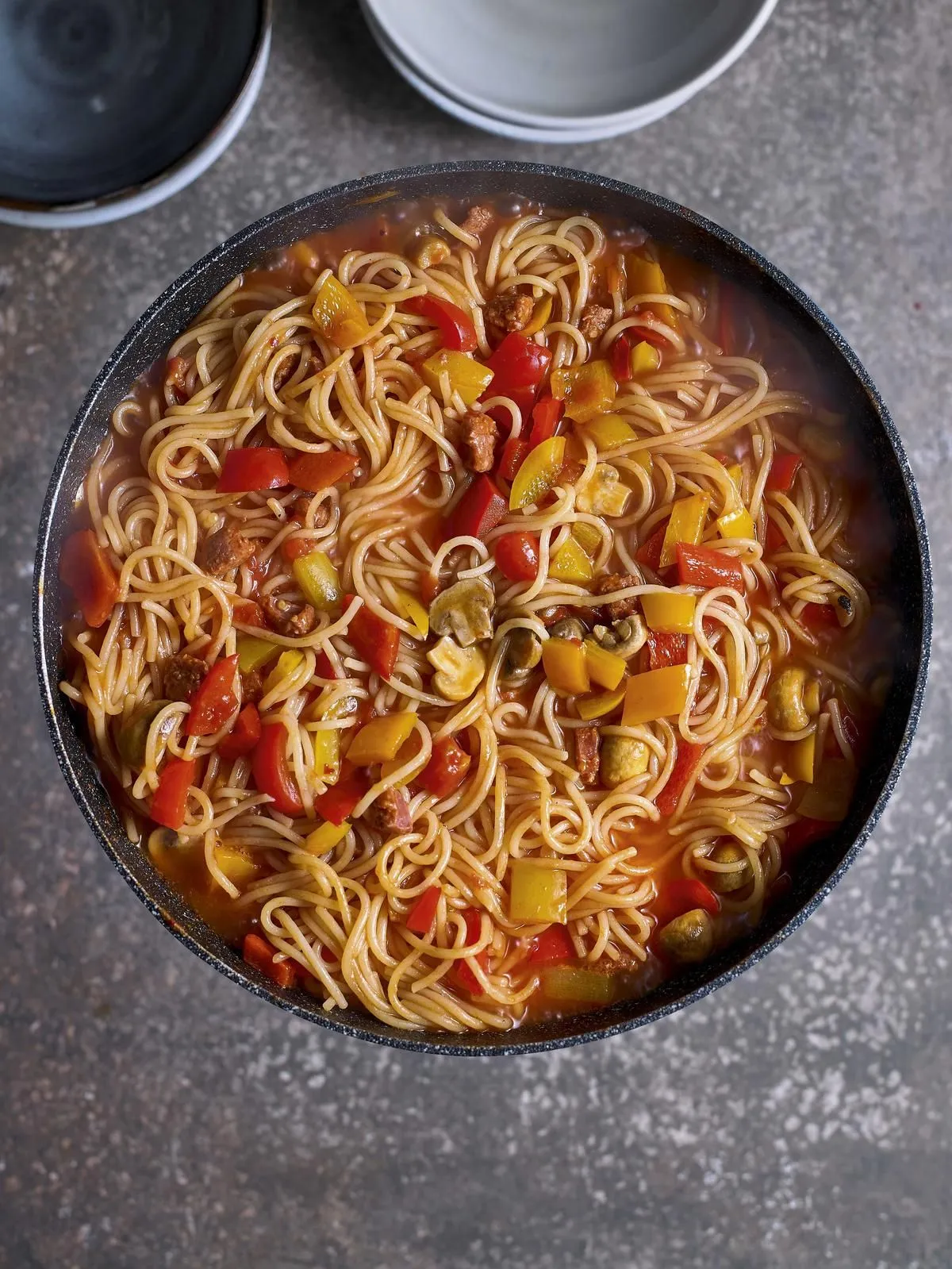 One Pot Chorizo Bell Pepper Tomato Noodles