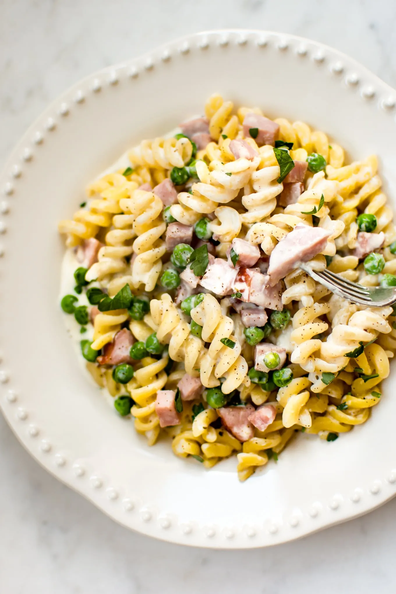 One Pot Creamy Ham Pea Pasta