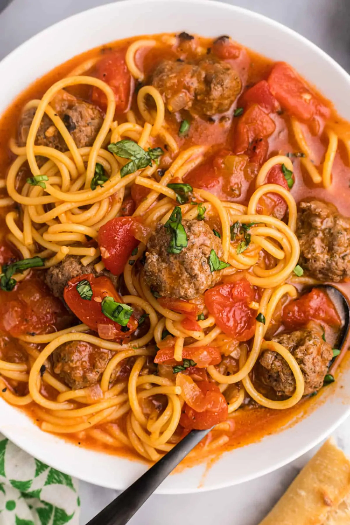 One Pot Spaghetti Meatball Stew