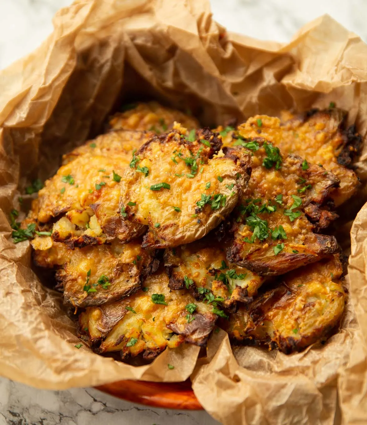 Parmesan Balsamic Caramelized Onion Smashed Potatoes