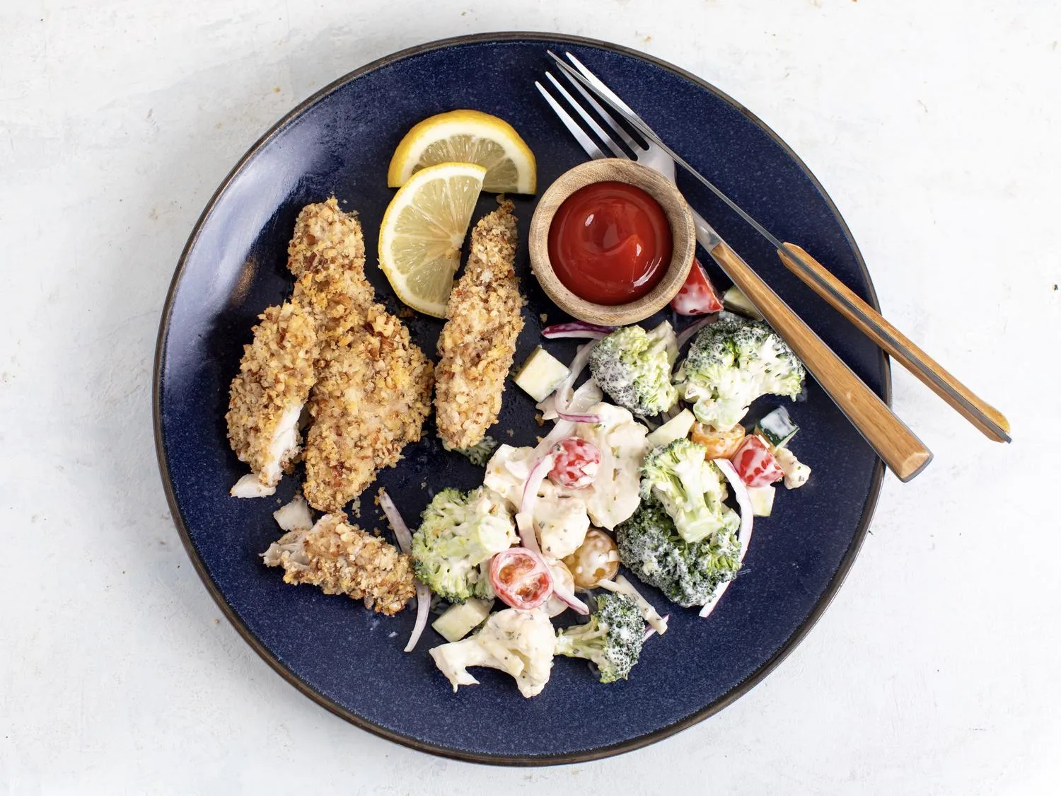 Pecan Crusted Fish Fingers and Zucchini Tomato Sauté with Tossed Romaine