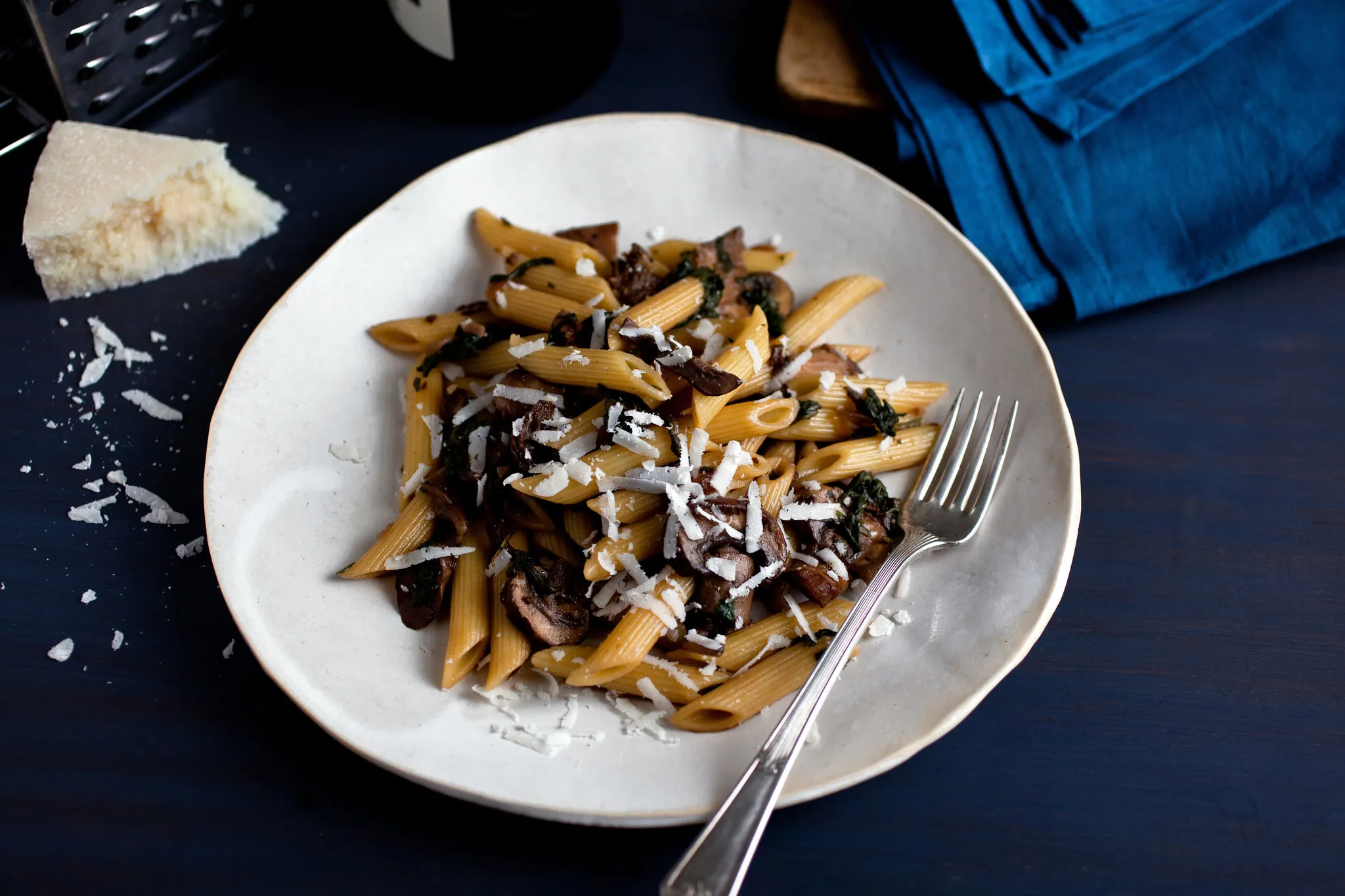 Penne with Baby Spinach, Mushrooms, and Olives