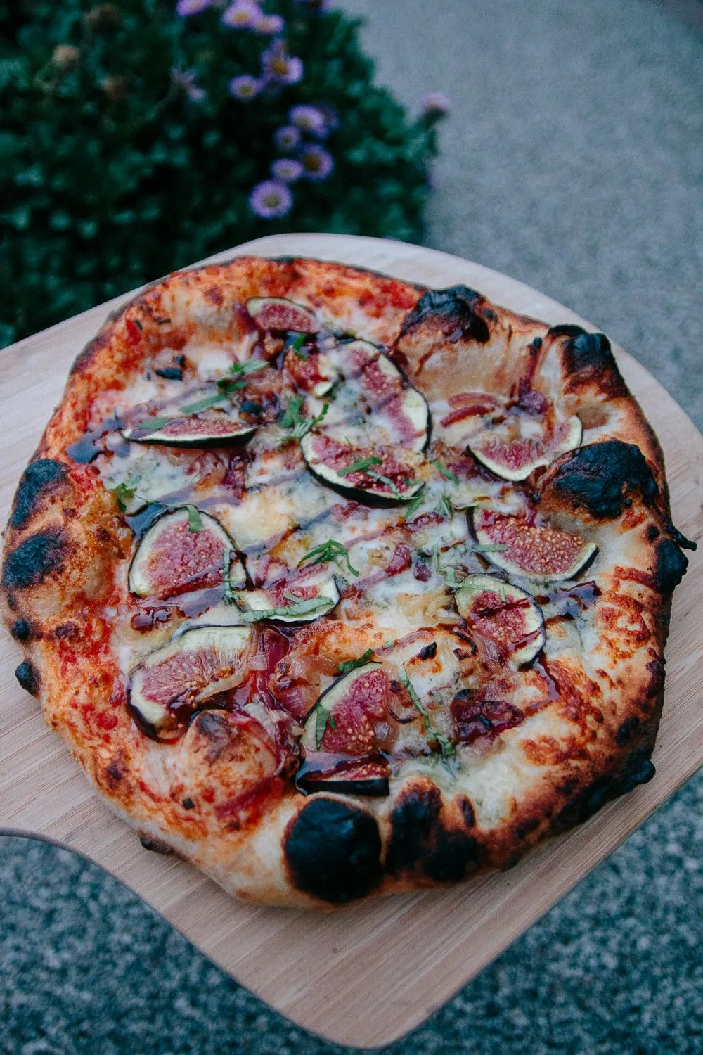 Pizza Bianco with Caramelised Onion, Blue Cheese, Figs, and Balsamic